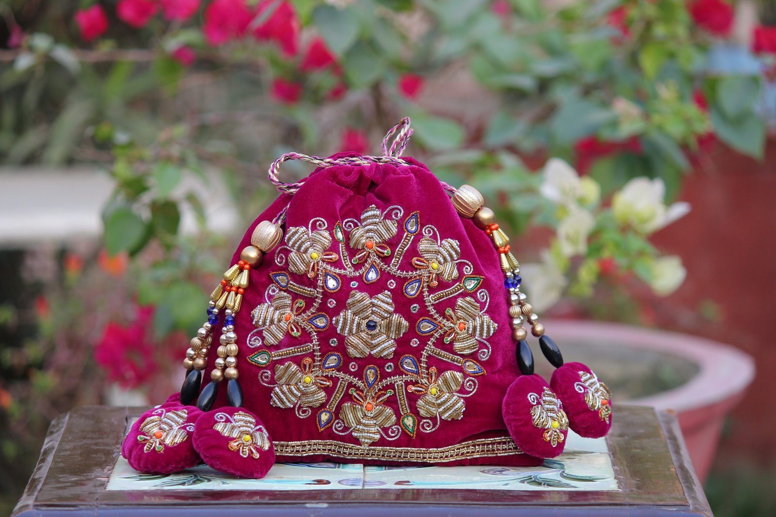 Handcrafted Embroidered Potli Bag (Pink Velvet Ethnic Clutch) - Image 3