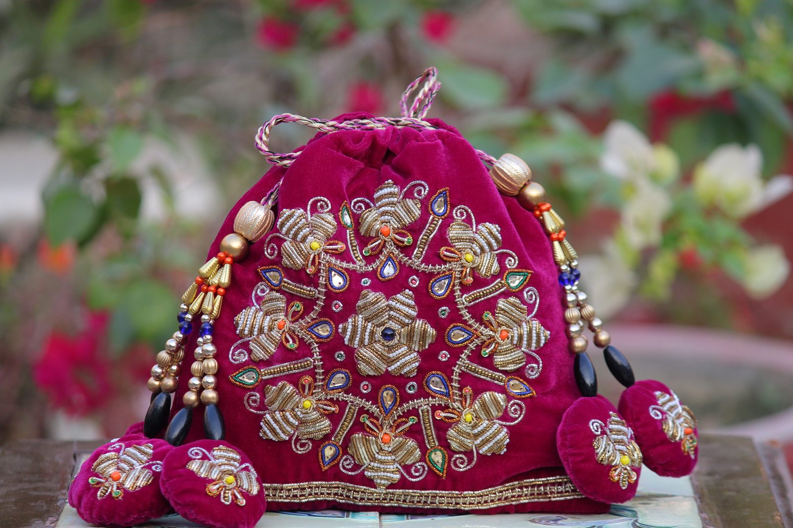 Handcrafted Embroidered Potli Bag (Pink Velvet Ethnic Clutch) - Image 4