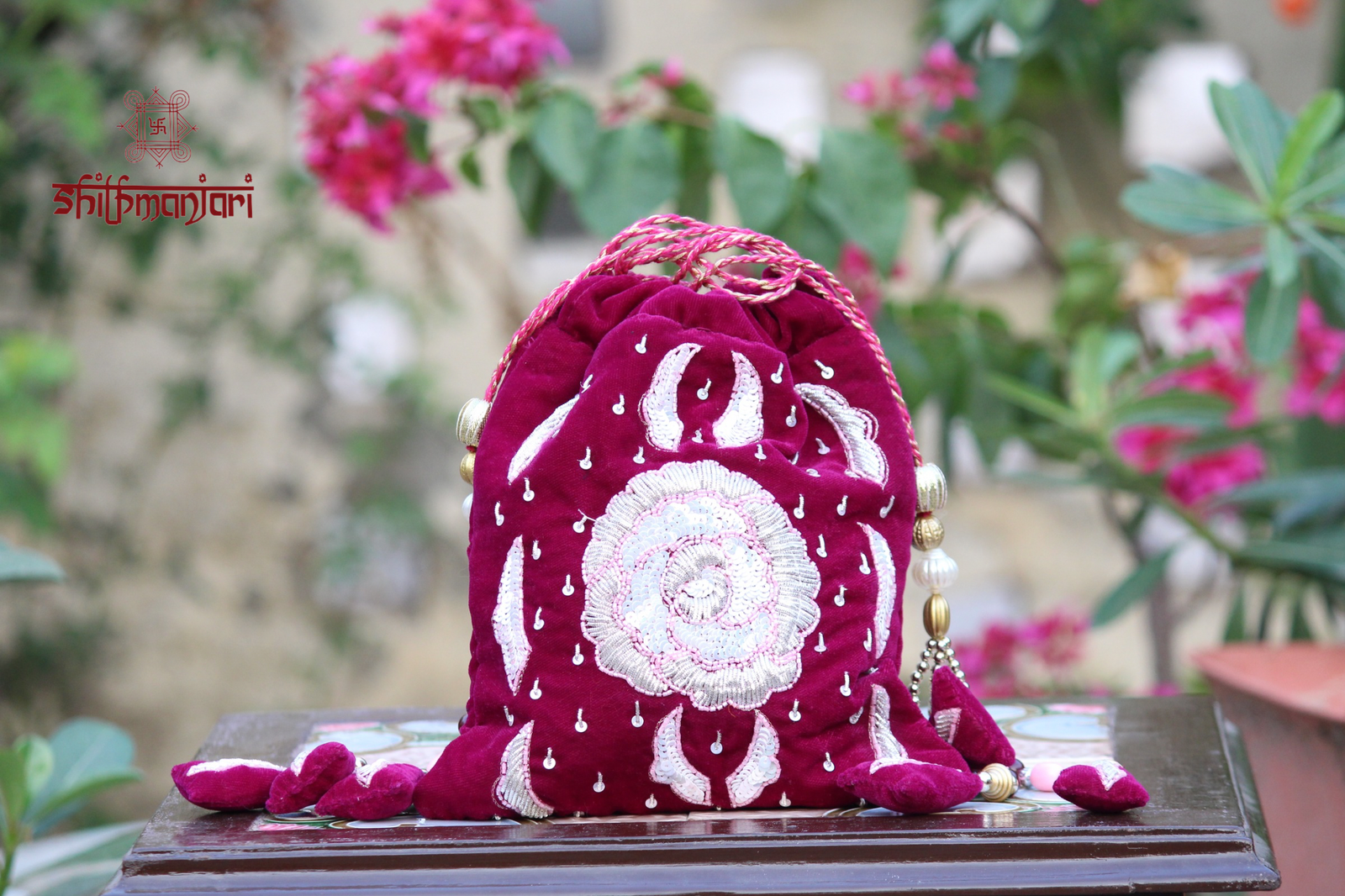 Noor Gulabi Velvet Potli with Shimmer Floral Embroidery (Designer Clutch)