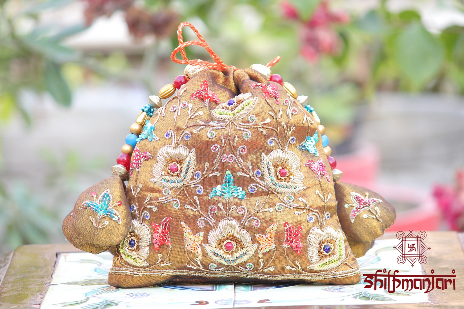 Luxury Ethnic Embroidered Potli Bag with Zari & Sequin Detailing (Traditional Ethnic Clutch) - Image 4