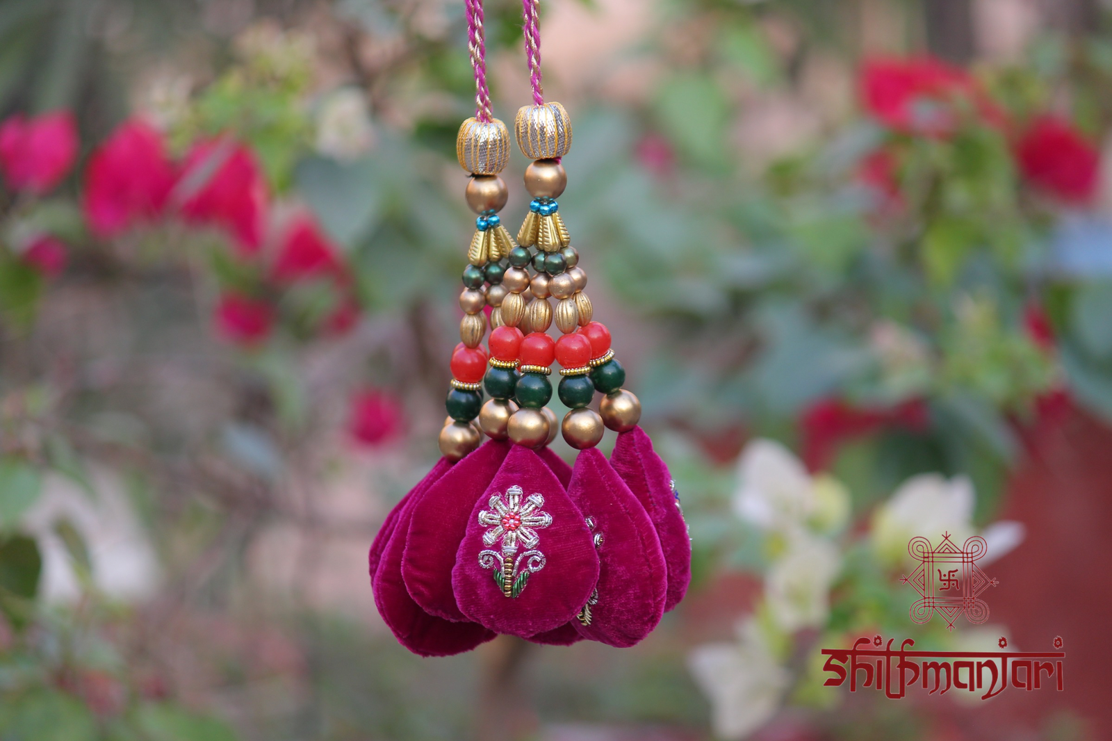 Royal Fuchsia Velvet Potli Bag with Intricate Zari Embroidery & Multicolor Bead Detailing (Luxury Ethnic Clutch) - Image 4