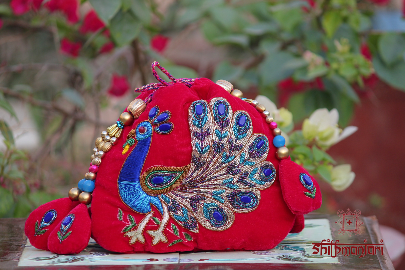 Royal Red Velvet Peacock Embroidered Potli Bag with Zari & Bead Work (Designer Ethnic Clutch)