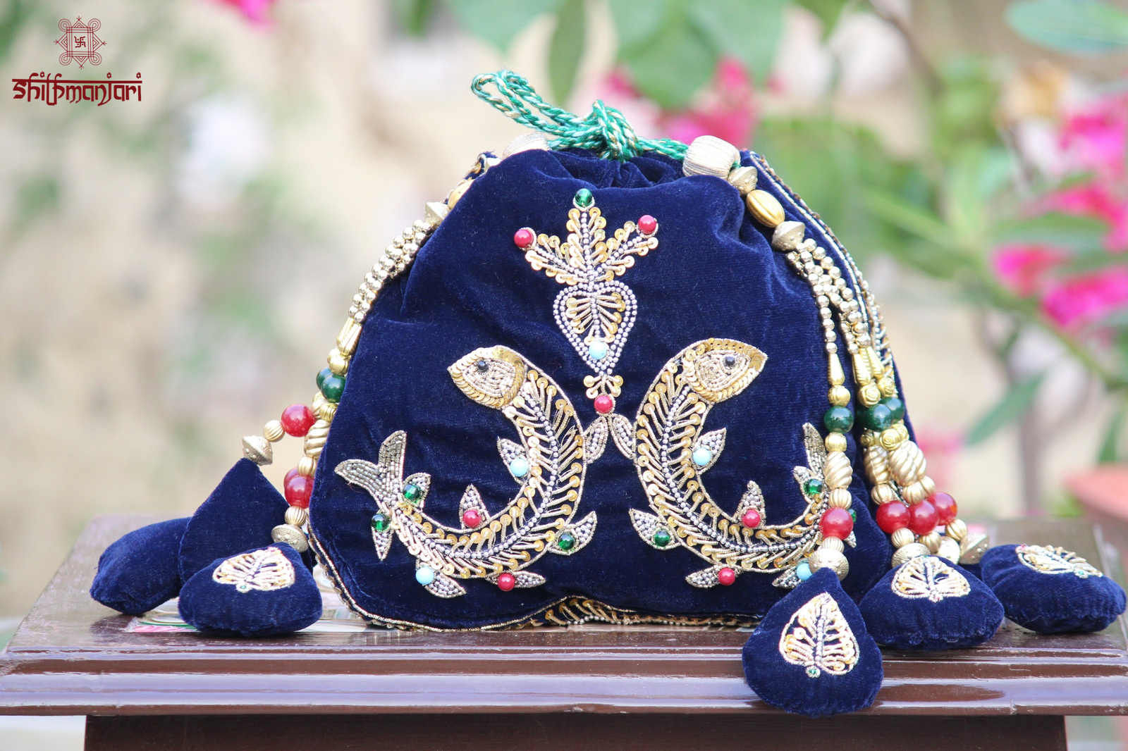 Luxury Royal Blue Velvet Twin Bird Embroidered Potli Bag with Zari & Multicolor Bead Work (Designer Ethnic Clutch) - Image 2