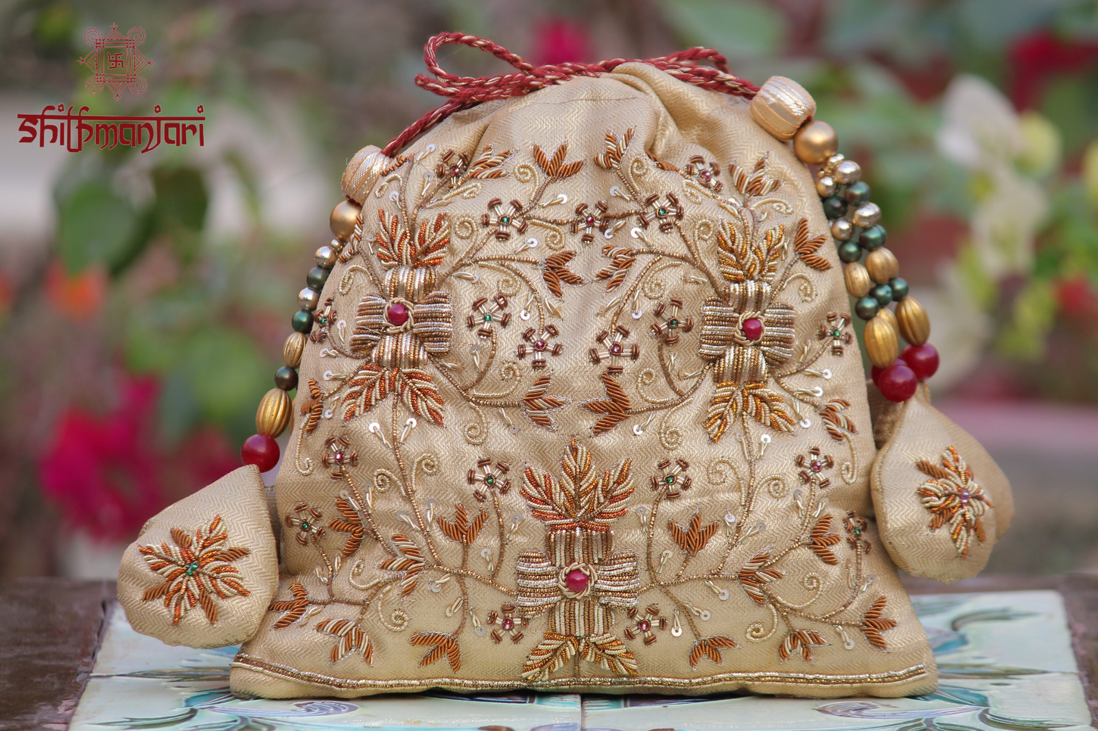 Royal Champagne Potli with Intricate Zari Floral Embroidery & Handcrafted Bead Detailing (Luxury Ethnic Clutch) - Image 4