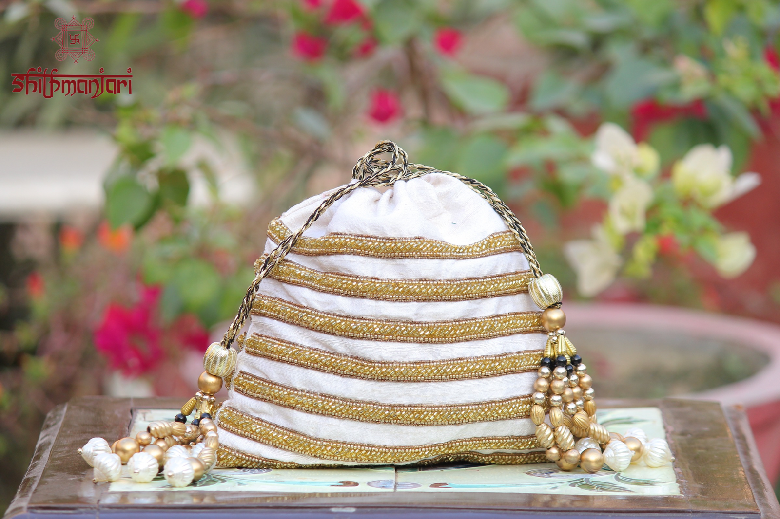 Elegant Cream Fabric Potli with Antique Gold Embroidery & Pearl Bead Work (Luxury Ethnic Bag) - Image 5
