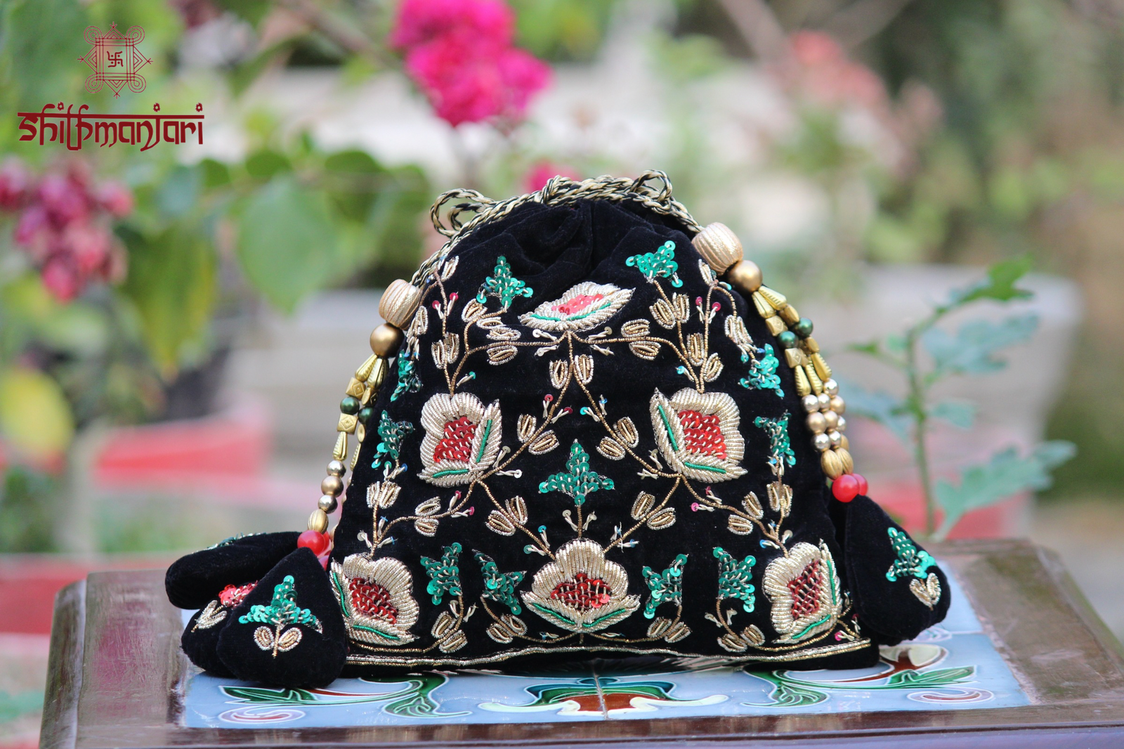 Premium Velvet Zardozi Embroidered Potli Bag with Beads & Sequin Work (Ethnic Designer Clutch) - Image 2