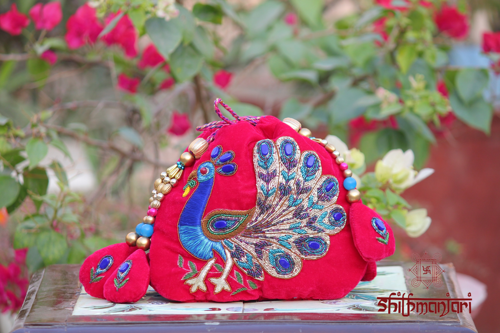 Royal Red Velvet Peacock Embroidered Potli Bag with Zari & Bead Work (Designer Ethnic Clutch) - Image 2