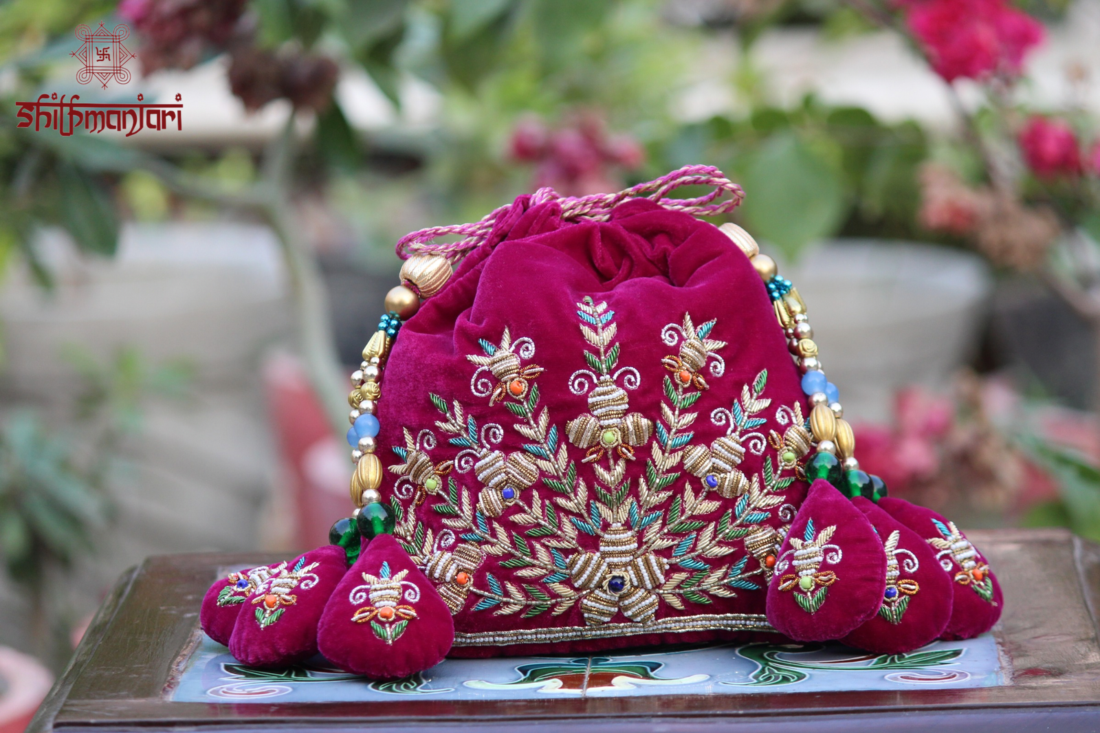 Royal Wine Velvet Potli Bag with Intricate Zari & Multicolor Thread Embroidery with Beaded Tassel Detailing (Luxury Ethnic Clutch) - Image 2
