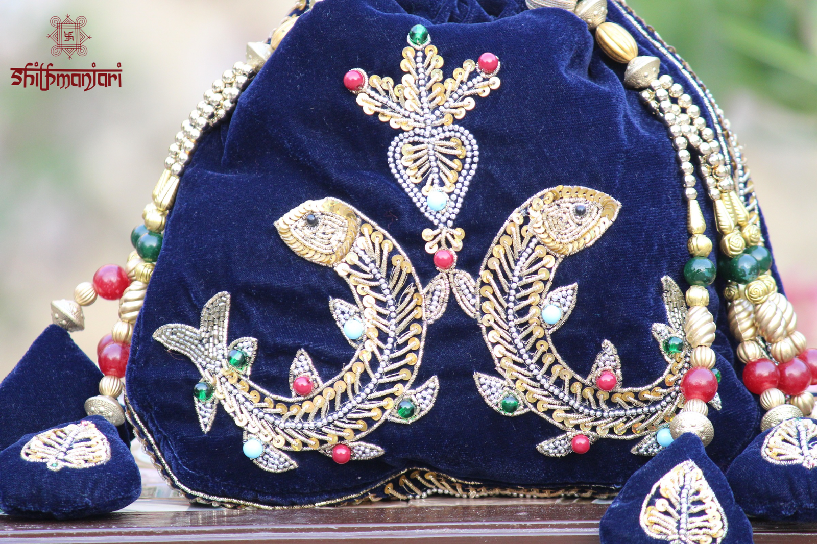 Luxury Royal Blue Velvet Twin Bird Embroidered Potli Bag with Zari & Multicolor Bead Work (Designer Ethnic Clutch)
