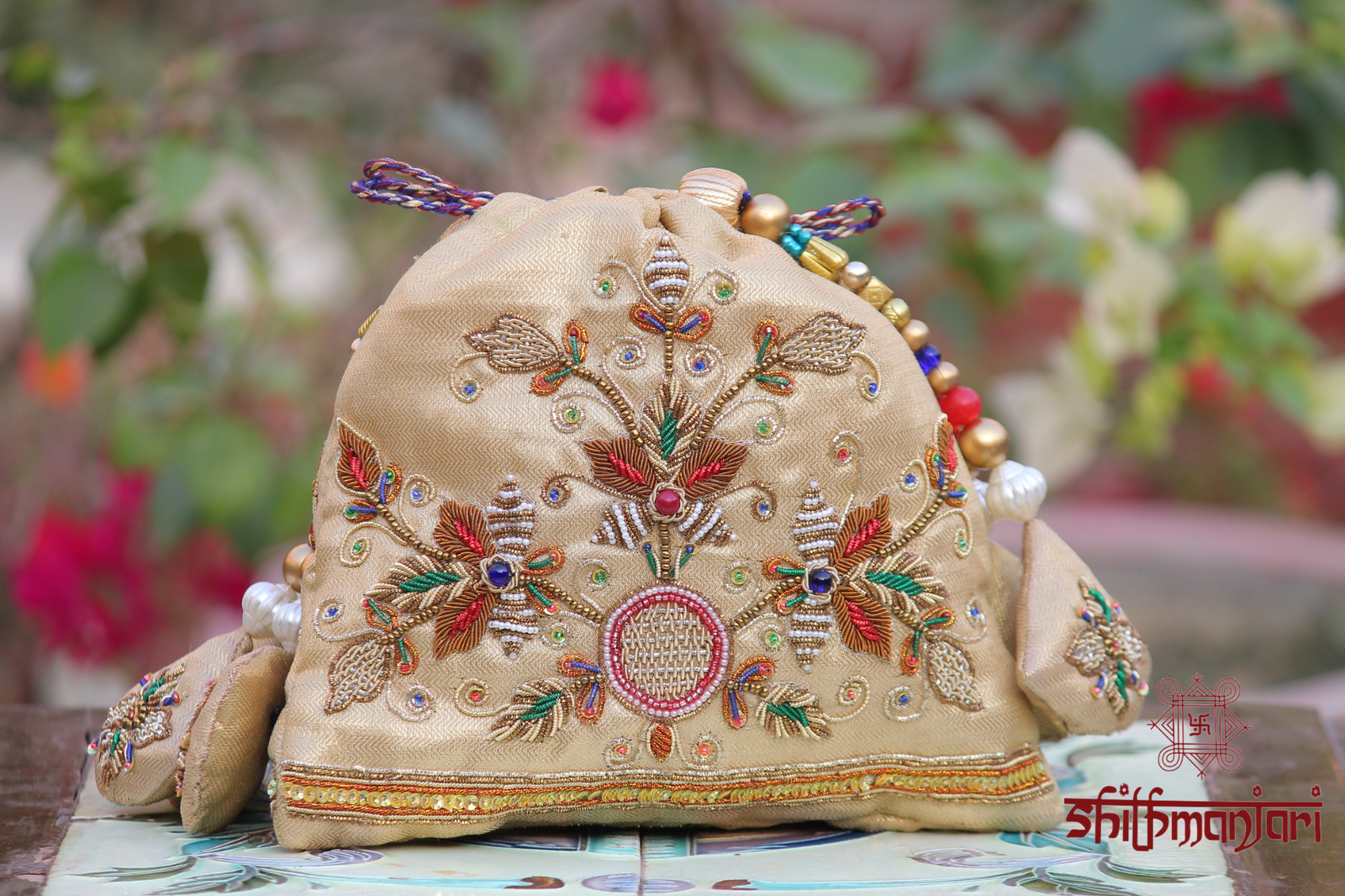 Rajsi Pushp Gold Silk Potli with Royal Floral Embroidery (Luxury Ethnic Clutch)