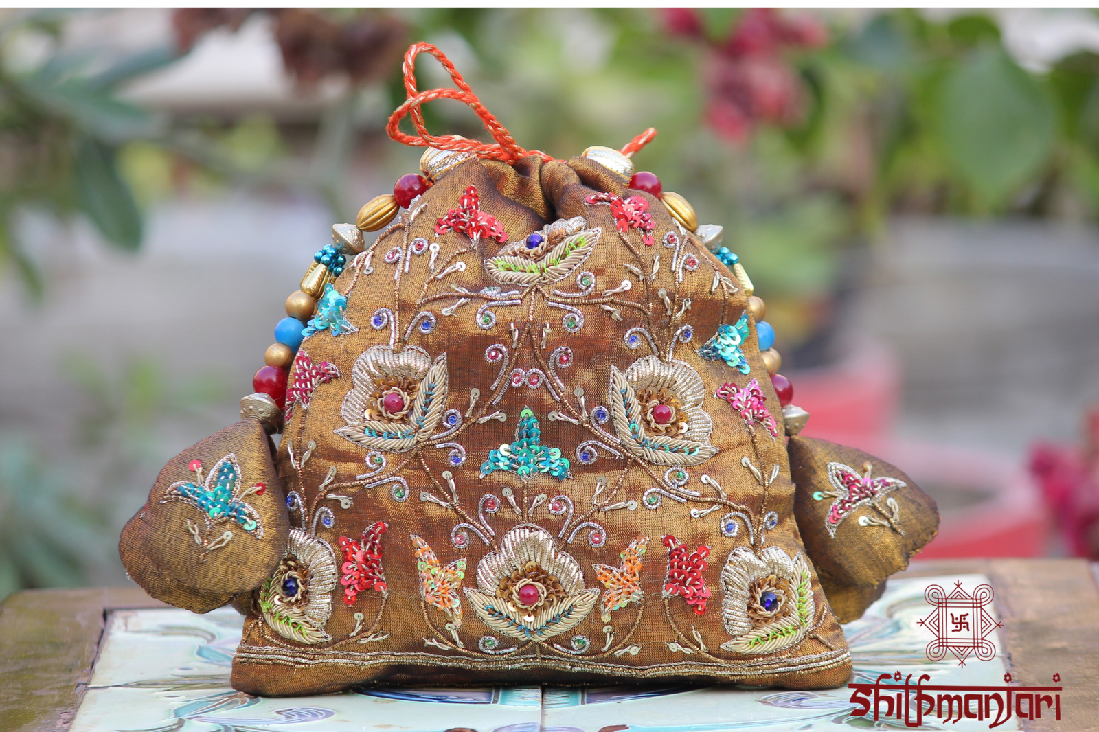 Luxury Ethnic Embroidered Potli Bag with Zari & Sequin Detailing (Traditional Ethnic Clutch) - Image 3