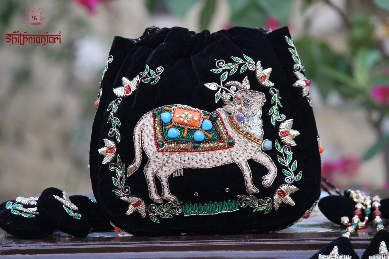 Krishna Leela Black Velvet Potli with Royal Cow Motif (Heritage Embroidered Clutch) - Image 4