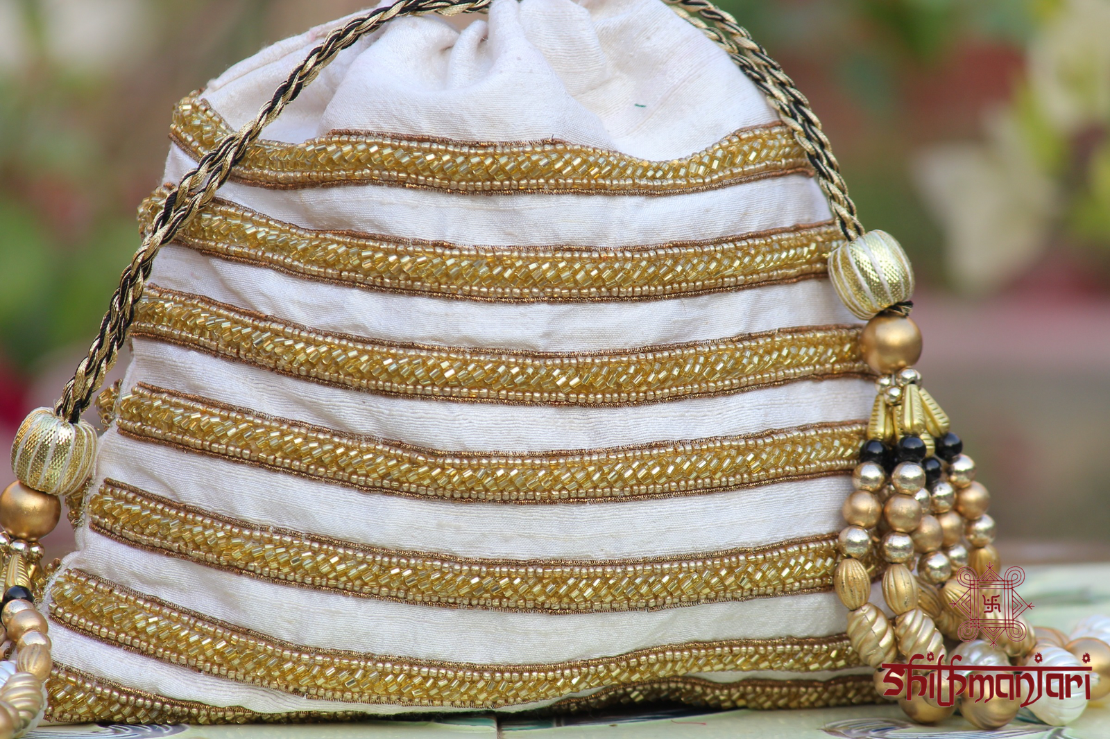 Elegant Cream Fabric Potli with Antique Gold Embroidery & Pearl Bead Work (Luxury Ethnic Bag) - Image 6