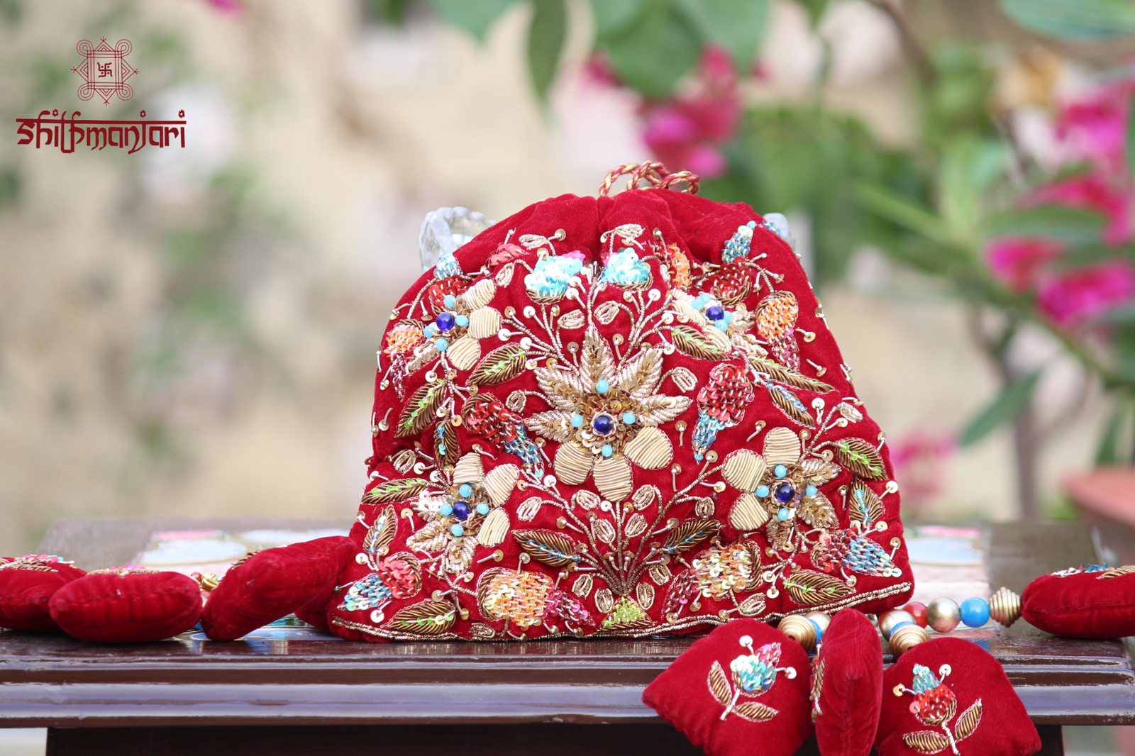 Royal Crimson Velvet Potli with Zari Bloom Embroidery (Luxury Ethnic Clutch)