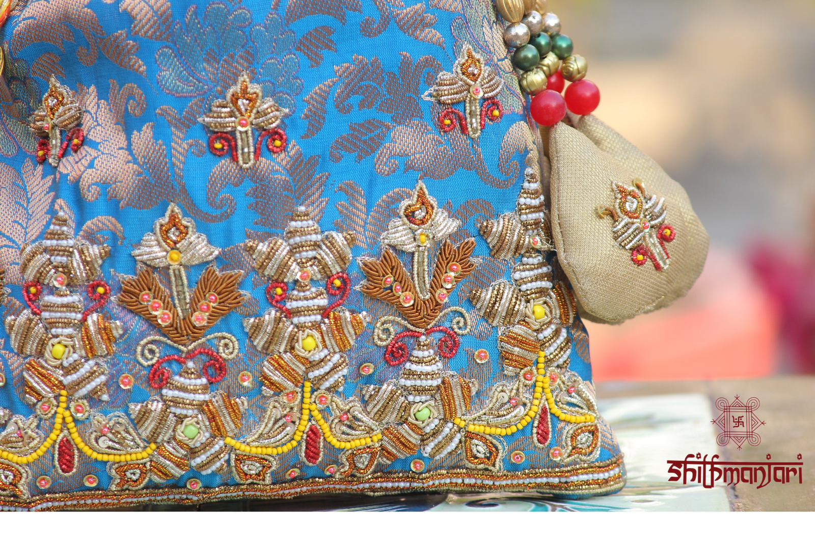 Luxury Sky Blue Brocade Embroidered Potli Bag with Zari & Multicolor Bead Tassel Work (Designer Ethnic Clutch) - Image 2