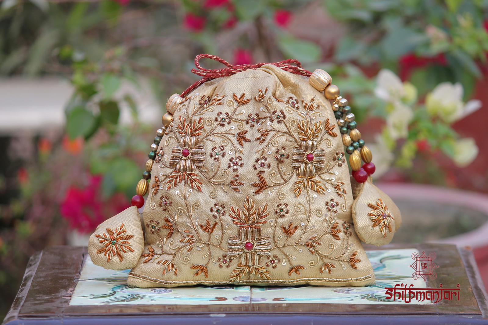 Royal Champagne Potli with Intricate Zari Floral Embroidery & Handcrafted Bead Detailing (Luxury Ethnic Clutch) - Image 5