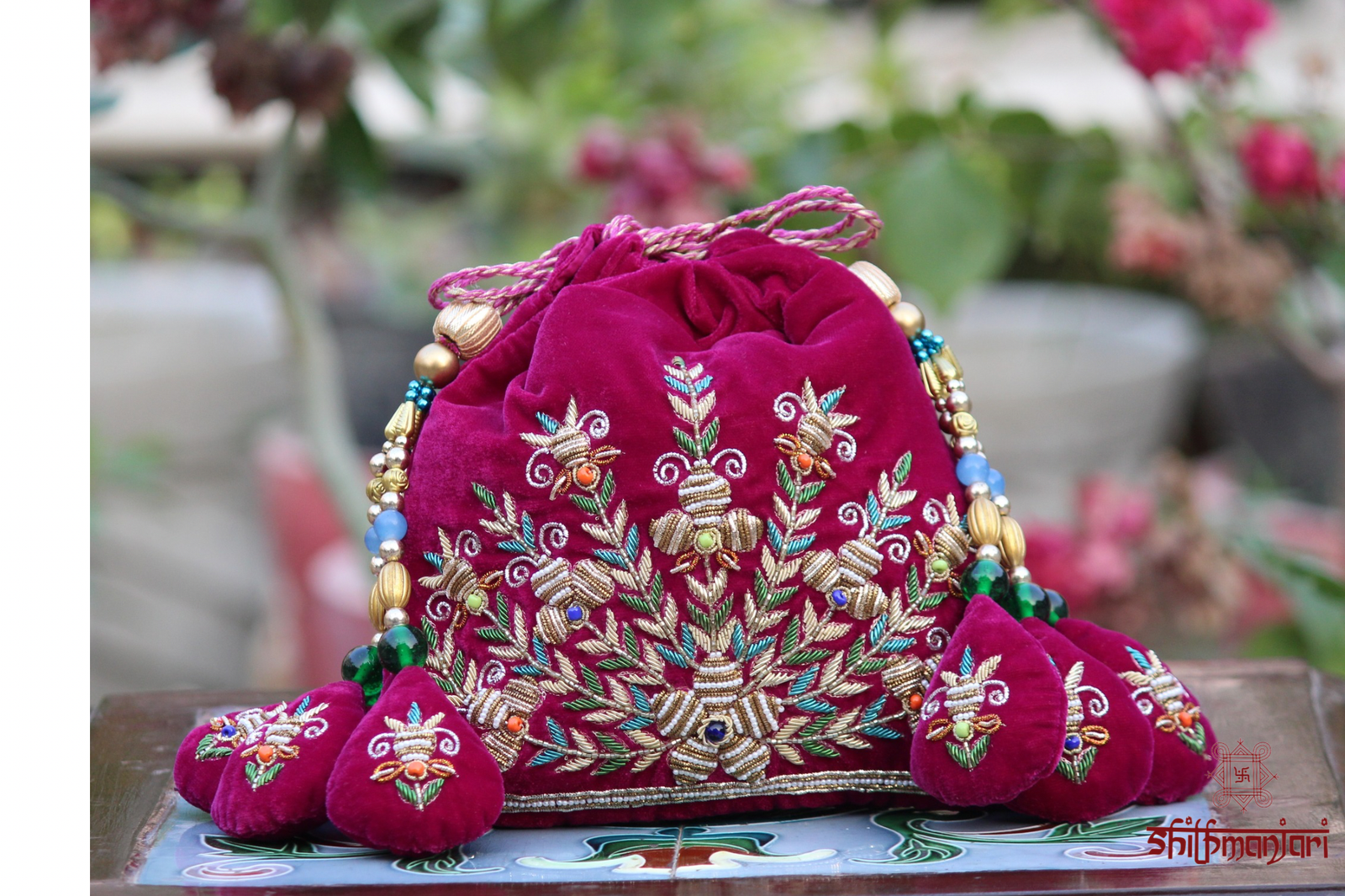 Royal Wine Velvet Potli Bag with Intricate Zari & Multicolor Thread Embroidery with Beaded Tassel Detailing (Luxury Ethnic Clutch) - Image 3