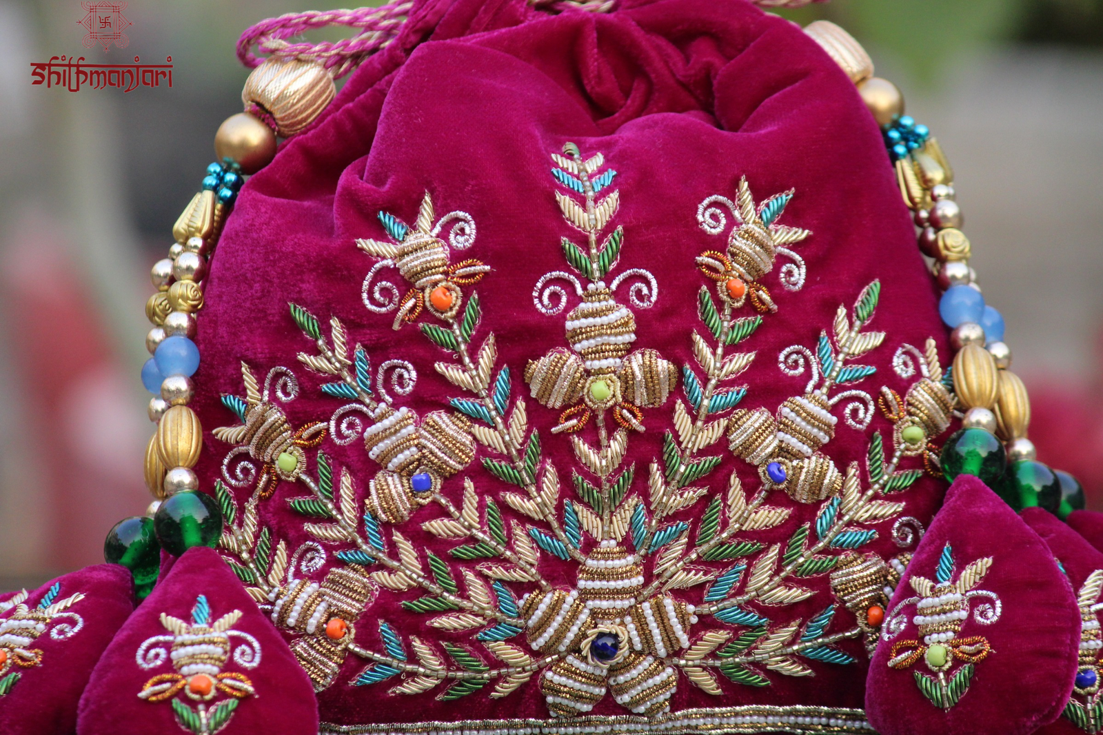 Royal Wine Velvet Potli Bag with Intricate Zari & Multicolor Thread Embroidery with Beaded Tassel Detailing (Luxury Ethnic Clutch)