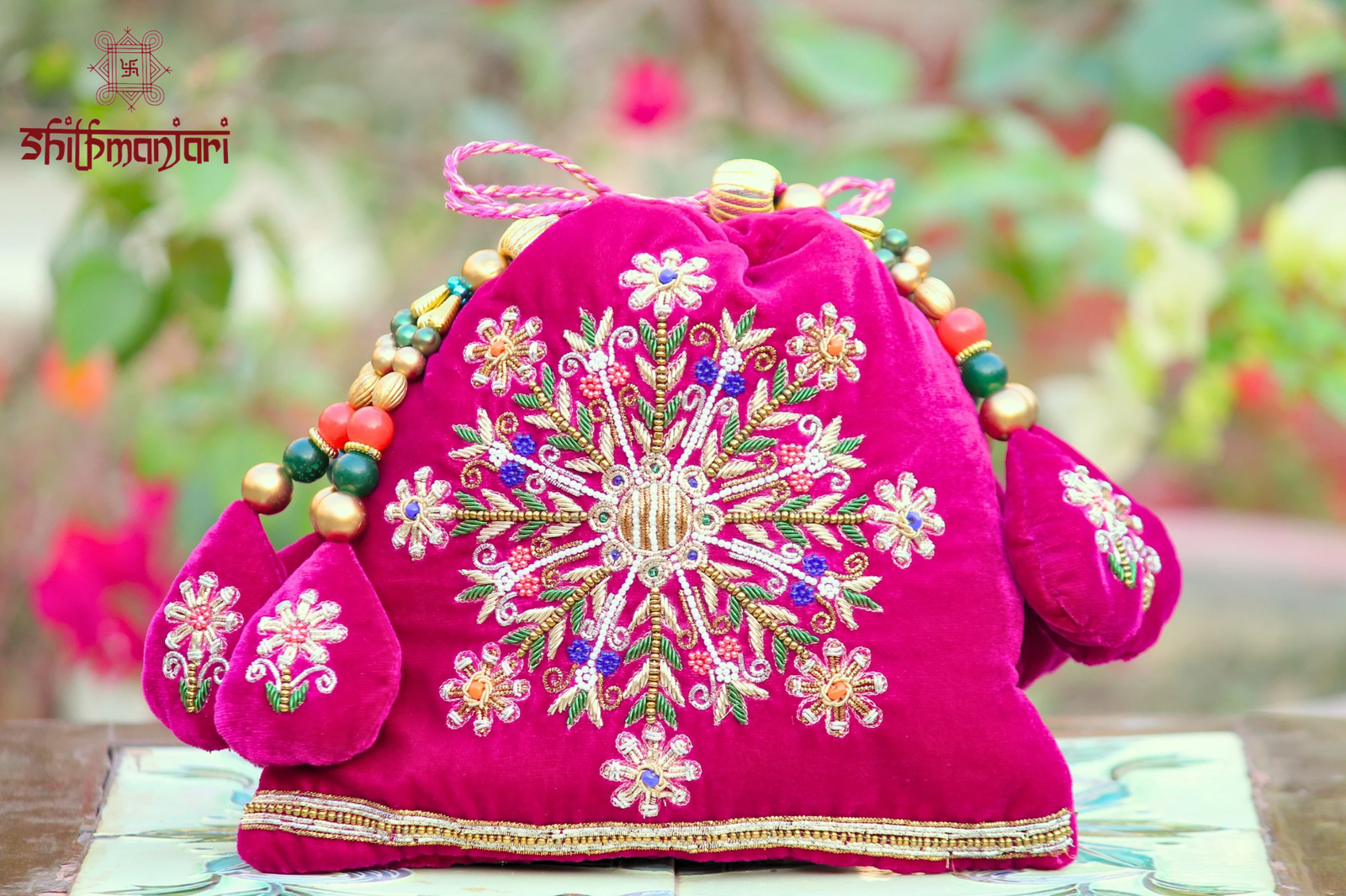 Royal Fuchsia Velvet Potli Bag with Intricate Zari Embroidery & Multicolor Bead Detailing (Luxury Ethnic Clutch) - Image 5