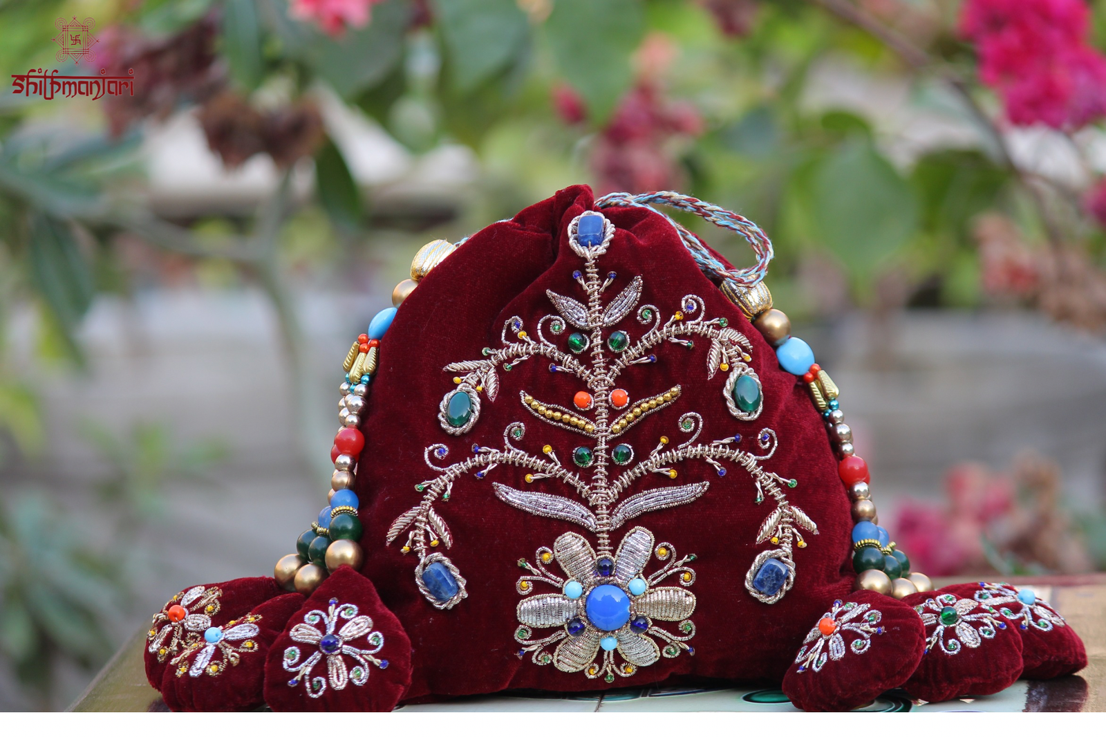 Luxury Velvet Stone Embroidered Potli Bag (Handcrafted Designer Ethnic Clutch) - Image 4
