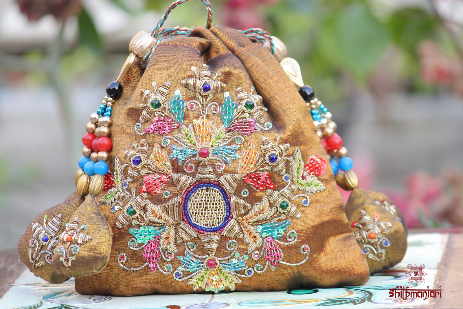 Elegant Multicolor Embroidered Potli Bag with Zari, Beads & Stone Detailing (Traditional Ethnic Clutch)