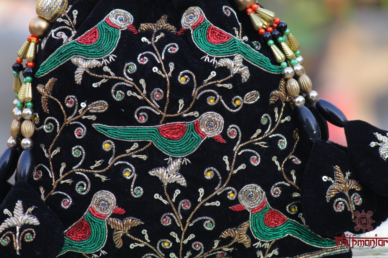 Luxury Velvet Bird Embroidered Potli Bag with Stone & Bead Work (Handcrafted Designer Ethnic Clutch)