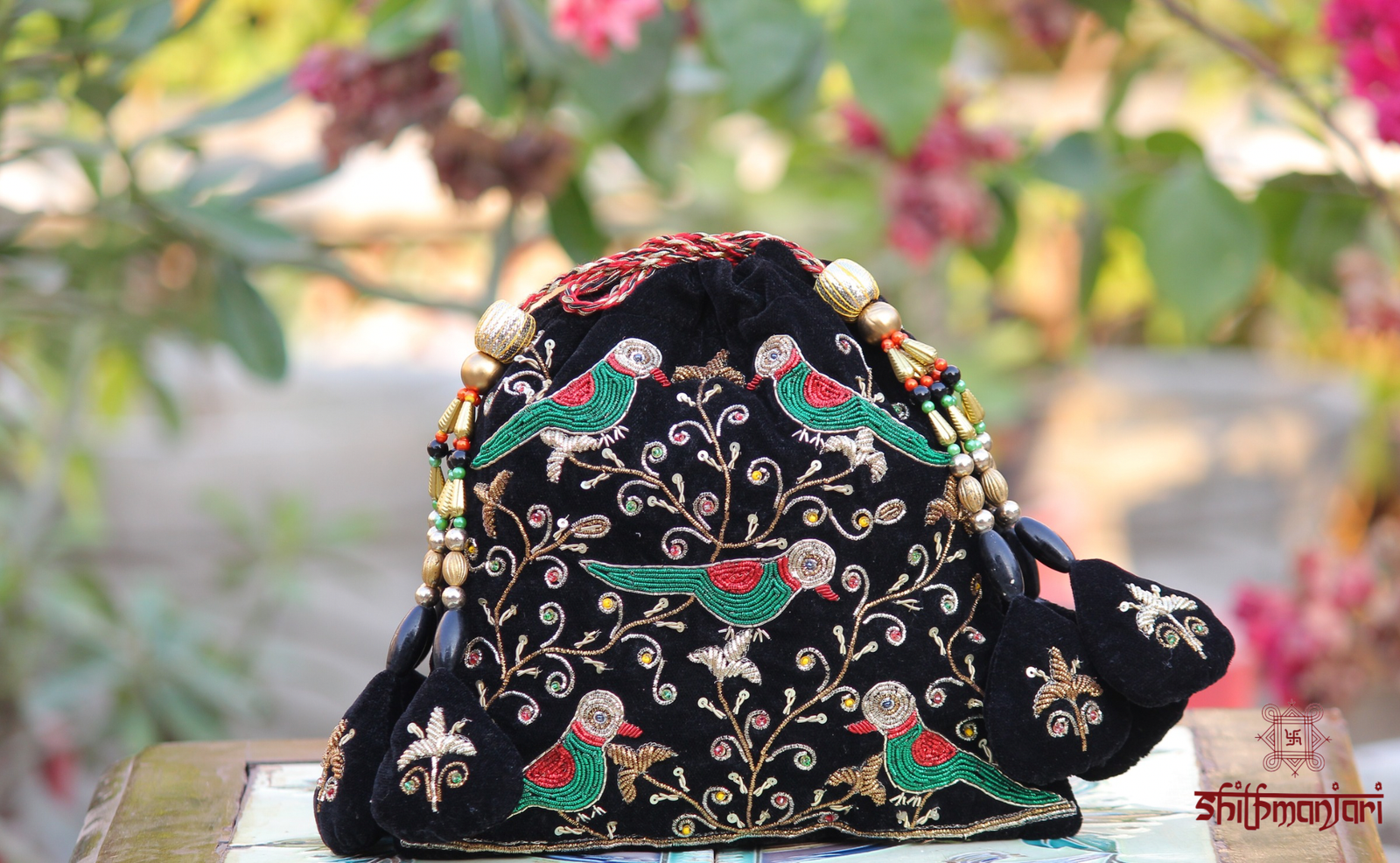 Luxury Velvet Bird Embroidered Potli Bag with Stone & Bead Work (Handcrafted Designer Ethnic Clutch) - Image 2