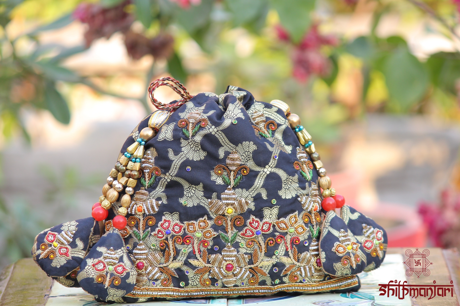 Luxury Banarasi Velvet Embroidered Potli Bag with Pearl & Stone Work (Designer Ethnic Clutch) - Image 3