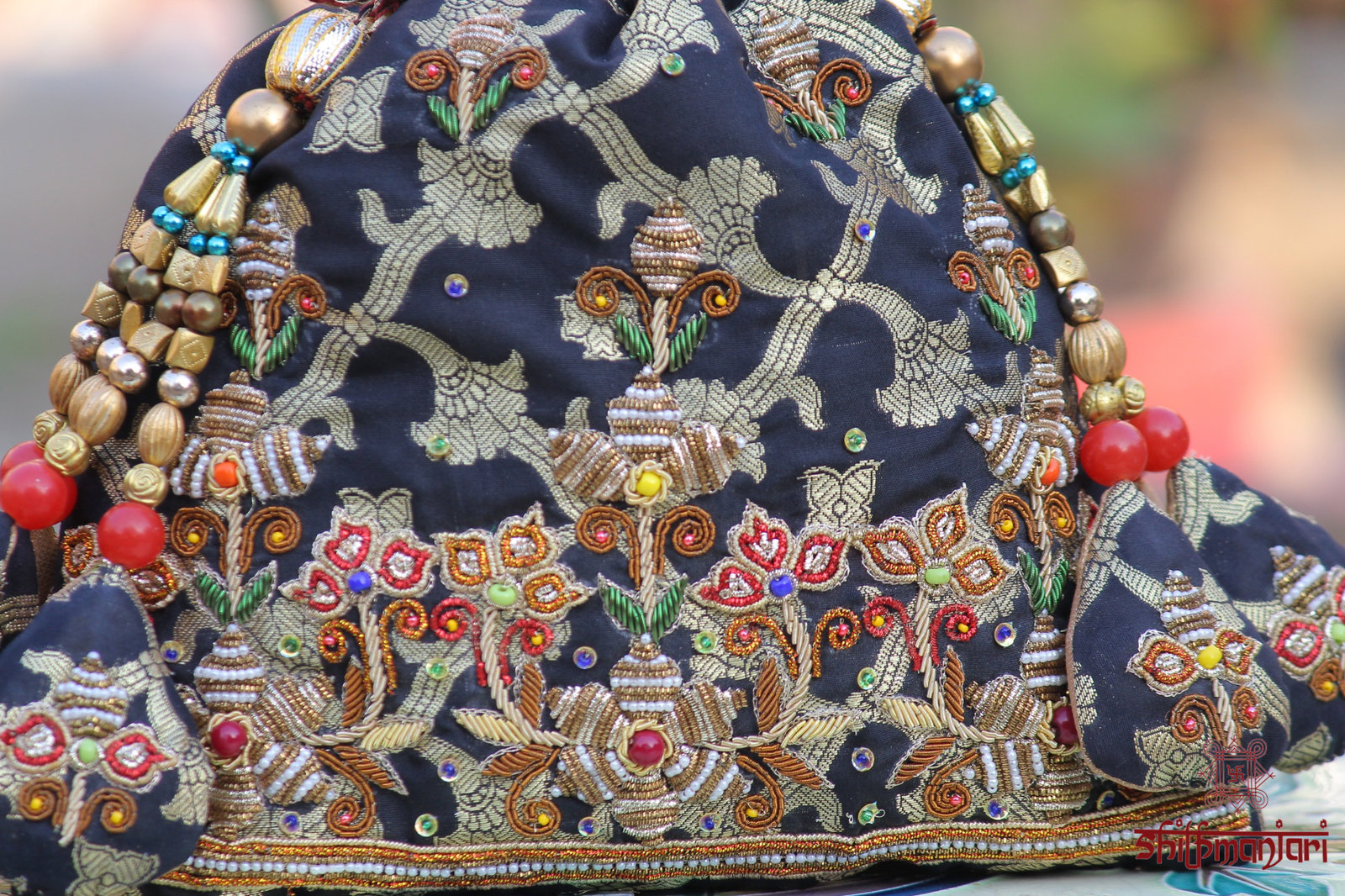 Luxury Banarasi Velvet Embroidered Potli Bag with Pearl & Stone Work (Designer Ethnic Clutch) - Image 4
