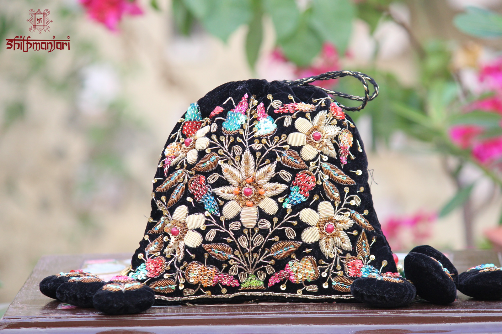 Royal Black Velvet Potli Bag with Intricate Zari Floral Embroidery & Multicolor Sequin and Bead Detailing (Luxury Ethnic Clutch) - Image 2
