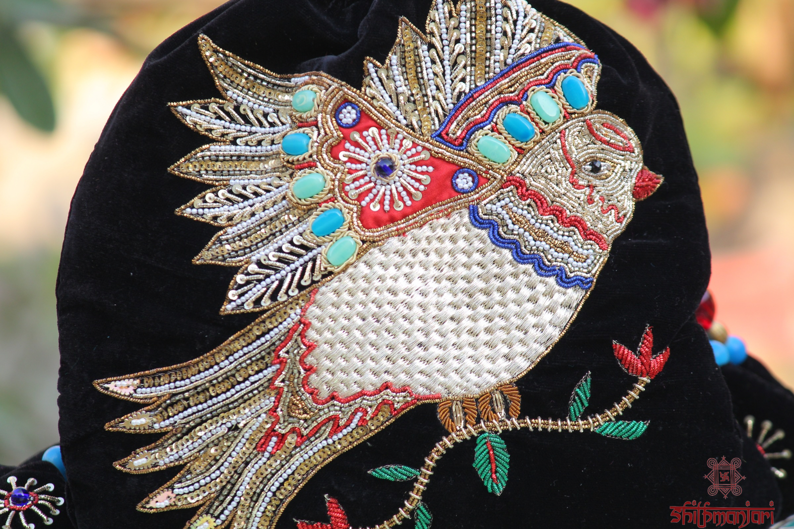 Luxury Velvet Bird Embroidered Potli Bag with Stone & Bead Work (Handcrafted Designer Ethnic Clutch) - Image 4