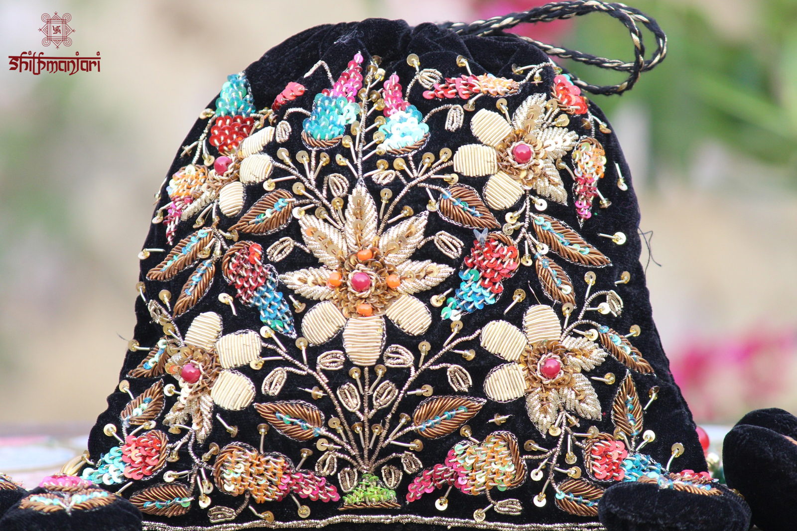 Royal Black Velvet Potli Bag with Intricate Zari Floral Embroidery & Multicolor Sequin and Bead Detailing (Luxury Ethnic Clutch)