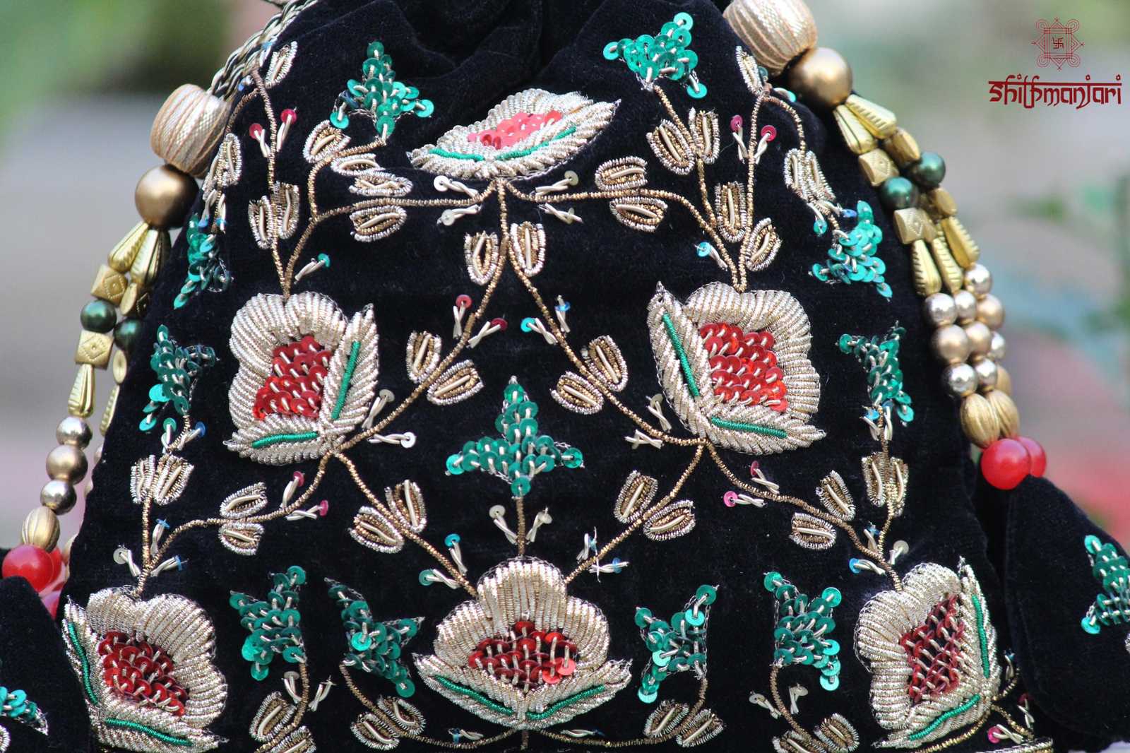 Premium Velvet Zardozi Embroidered Potli Bag with Beads & Sequin Work (Ethnic Designer Clutch)