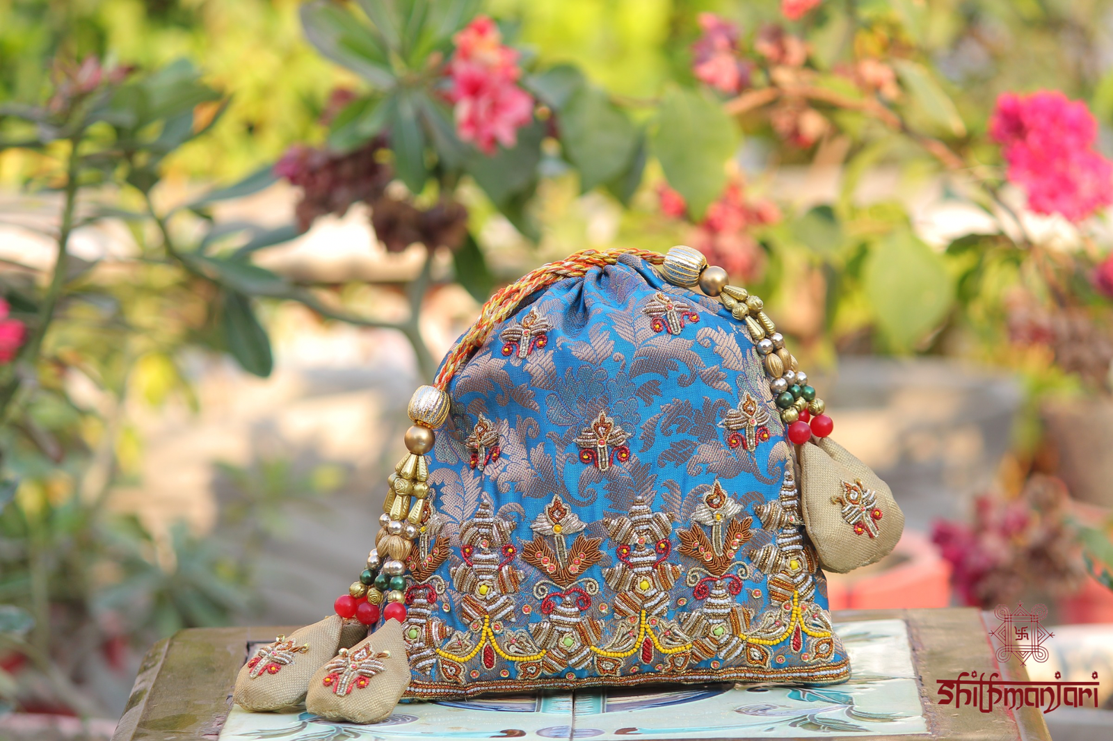 Luxury Sky Blue Brocade Embroidered Potli Bag with Zari & Multicolor Bead Tassel Work (Designer Ethnic Clutch) - Image 4