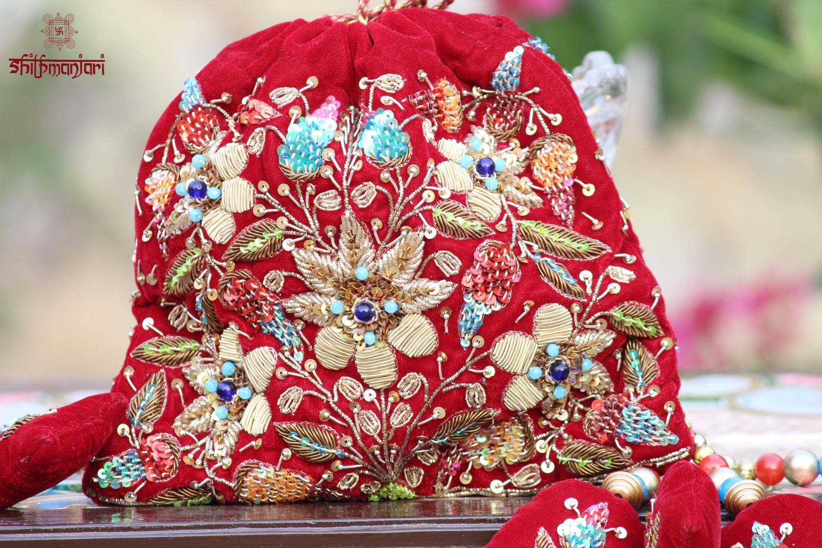 Royal Crimson Velvet Potli with Zari Bloom Embroidery (Luxury Ethnic Clutch) - Image 2
