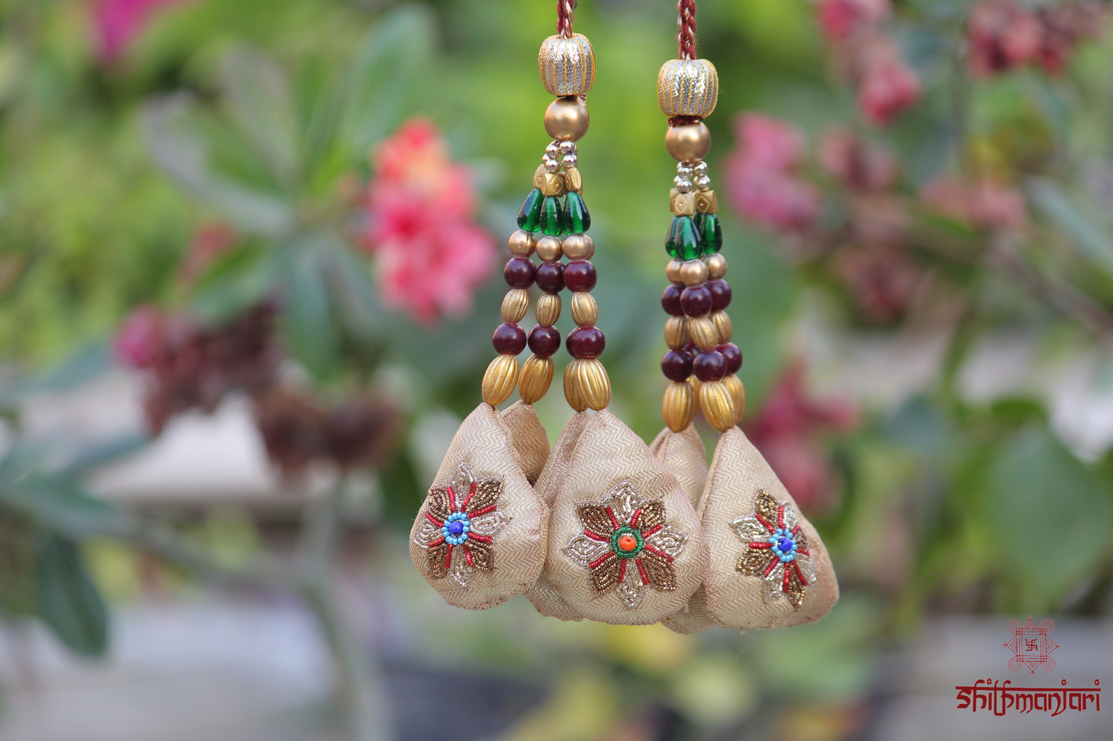 Royal Beige & Maroon Velvet Potli Bag with Intricate Zari Floral Embroidery & Multicolor Bead Tassel Detailing (Luxury Ethnic Clutch) - Image 2
