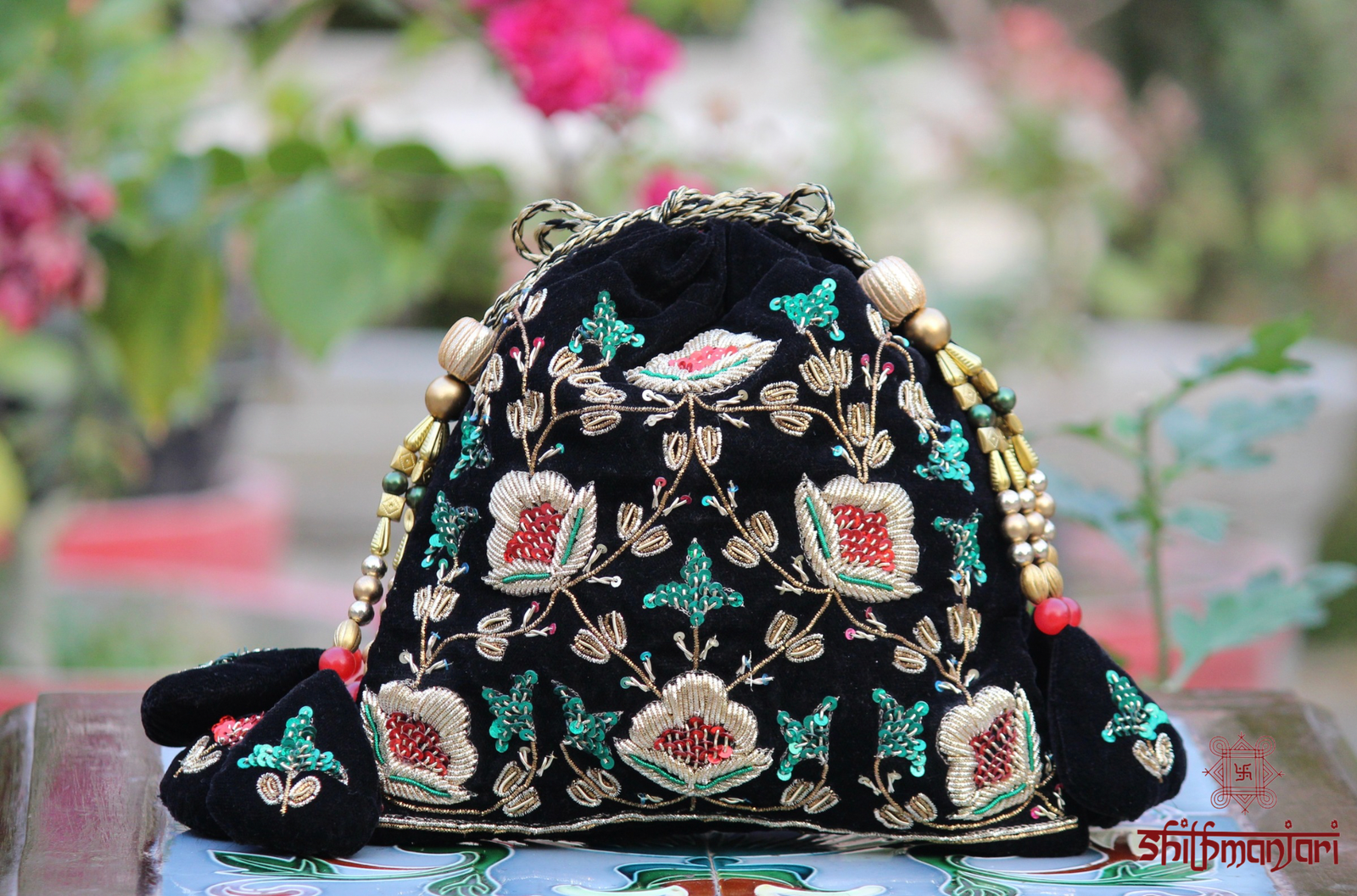 Luxury Banarasi Velvet Embroidered Potli Bag with Pearl & Stone Work (Designer Ethnic Clutch)