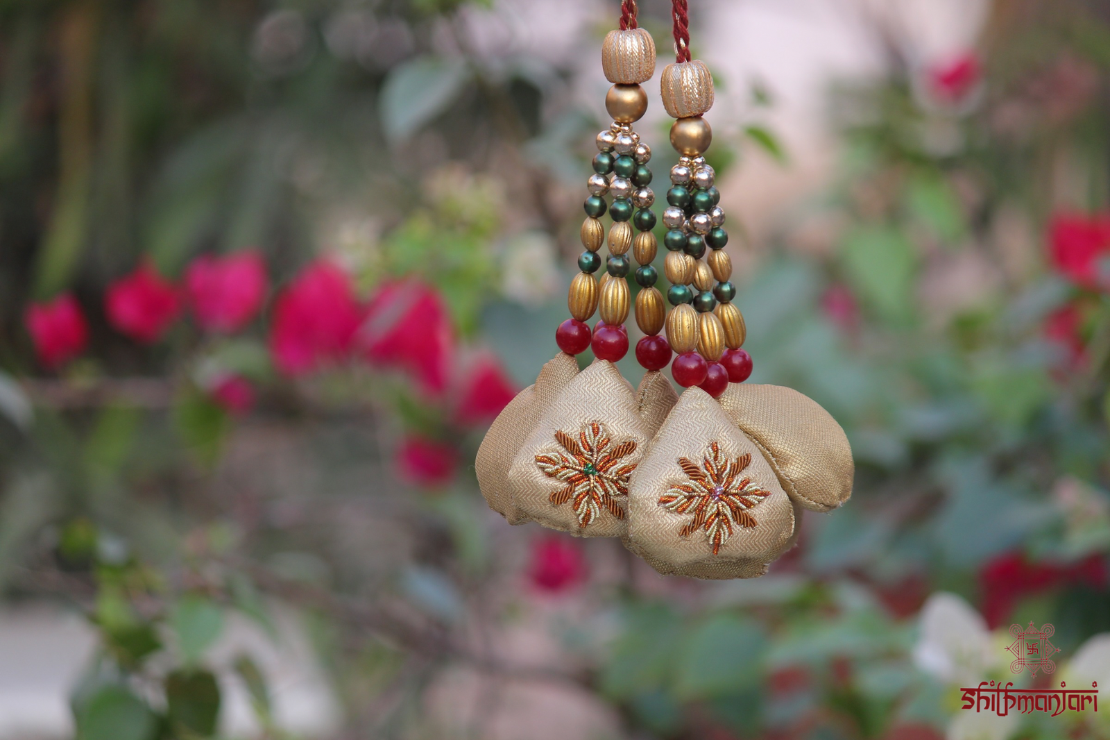 Royal Champagne Potli with Intricate Zari Floral Embroidery & Handcrafted Bead Detailing (Luxury Ethnic Clutch) - Image 3
