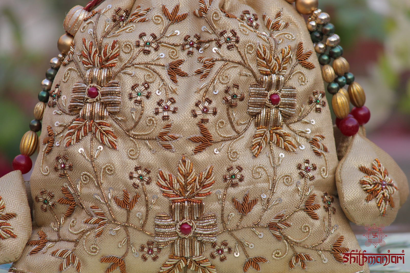 Royal Champagne Potli with Intricate Zari Floral Embroidery & Handcrafted Bead Detailing (Luxury Ethnic Clutch)