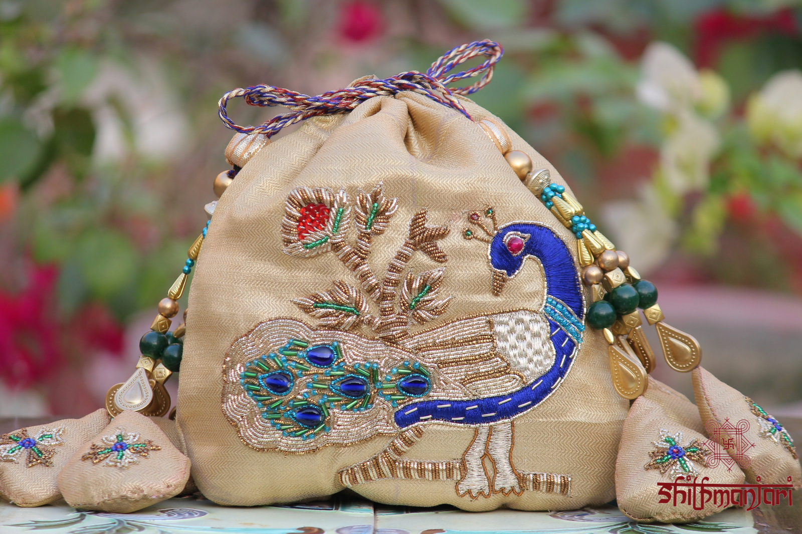 Elegant Peacock Art Silk Potli Bag with Premium Zari & Beaded Embellishments (Designer Ethnic Clutch) - Image 2