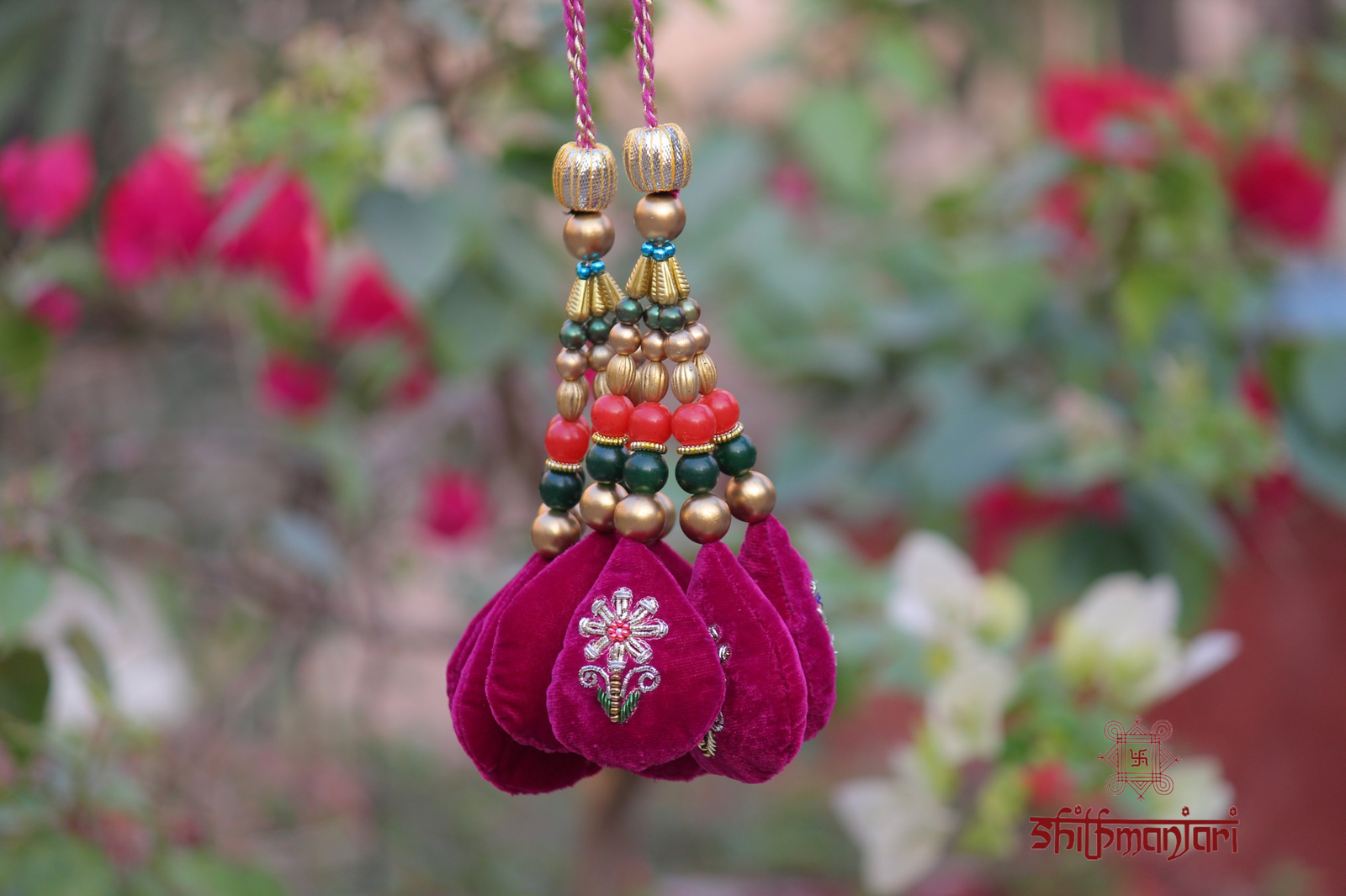 Royal Fuchsia Velvet Potli Bag with Intricate Zari Embroidery & Multicolor Bead Detailing (Luxury Ethnic Clutch) - Image 2
