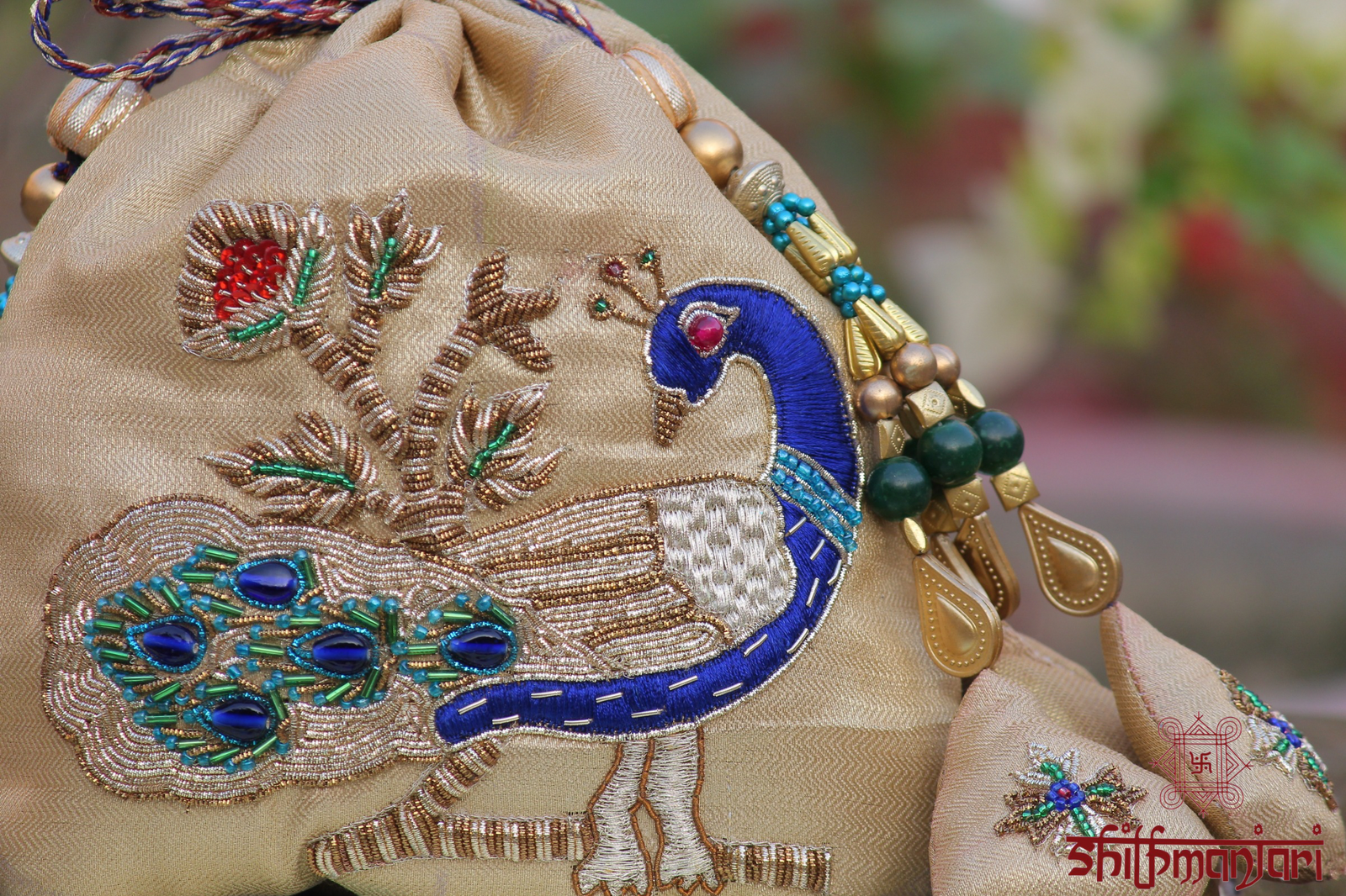 Elegant Peacock Art Silk Potli Bag with Premium Zari & Beaded Embellishments (Designer Ethnic Clutch) - Image 4