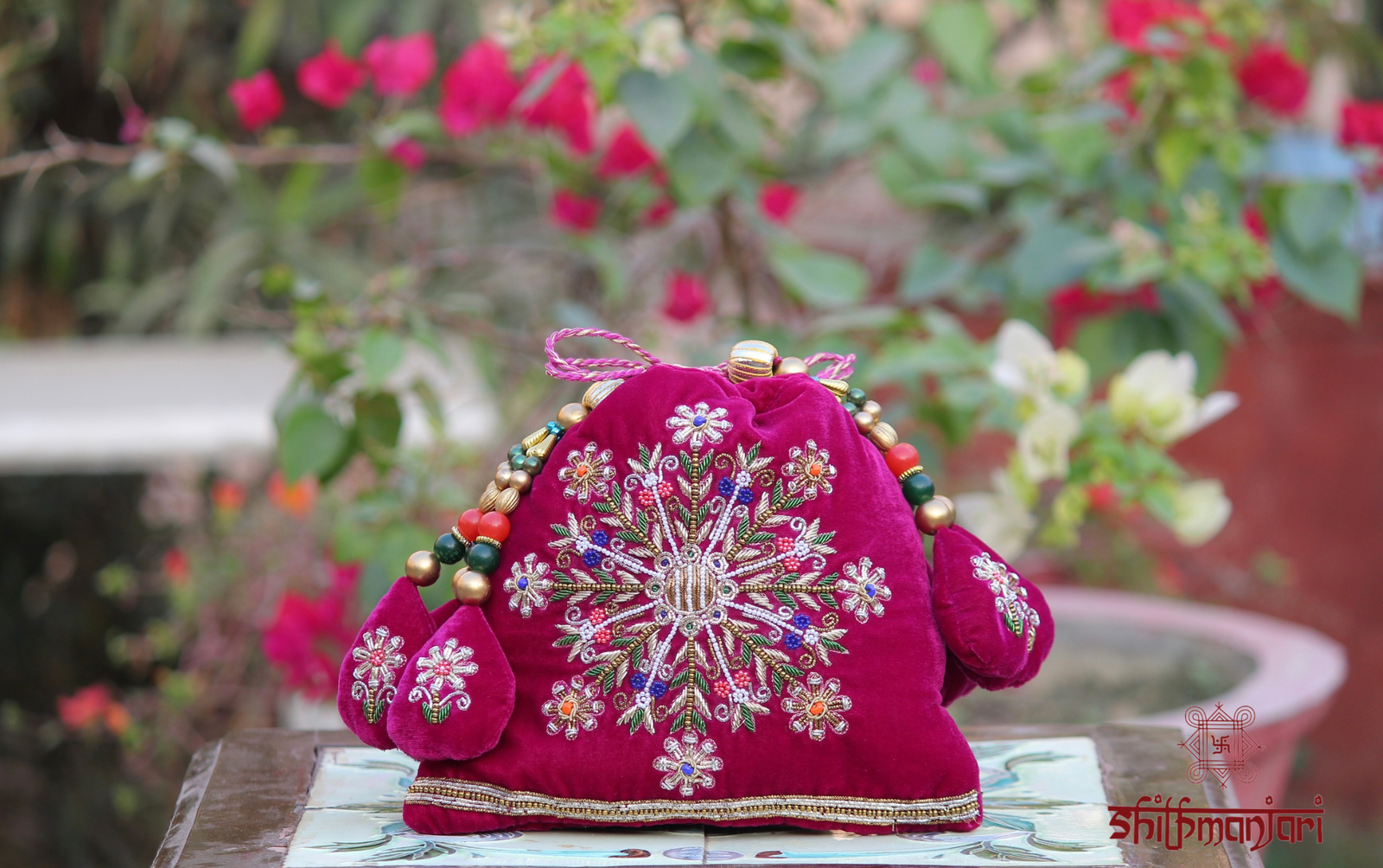 Royal Fuchsia Velvet Potli Bag with Intricate Zari Embroidery & Multicolor Bead Detailing (Luxury Ethnic Clutch)