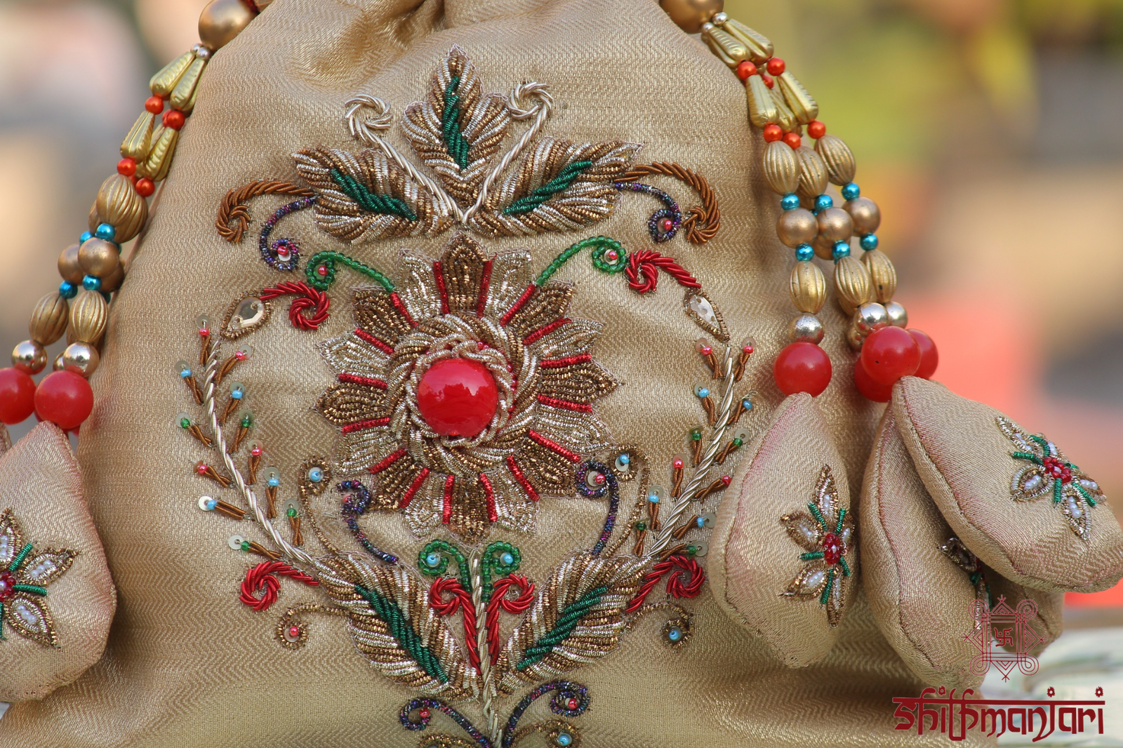 Heritage Gold Potli with Floral Sunburst Zari Design & Luxe Bead Detailing (Luxury Ethnic Clutch)