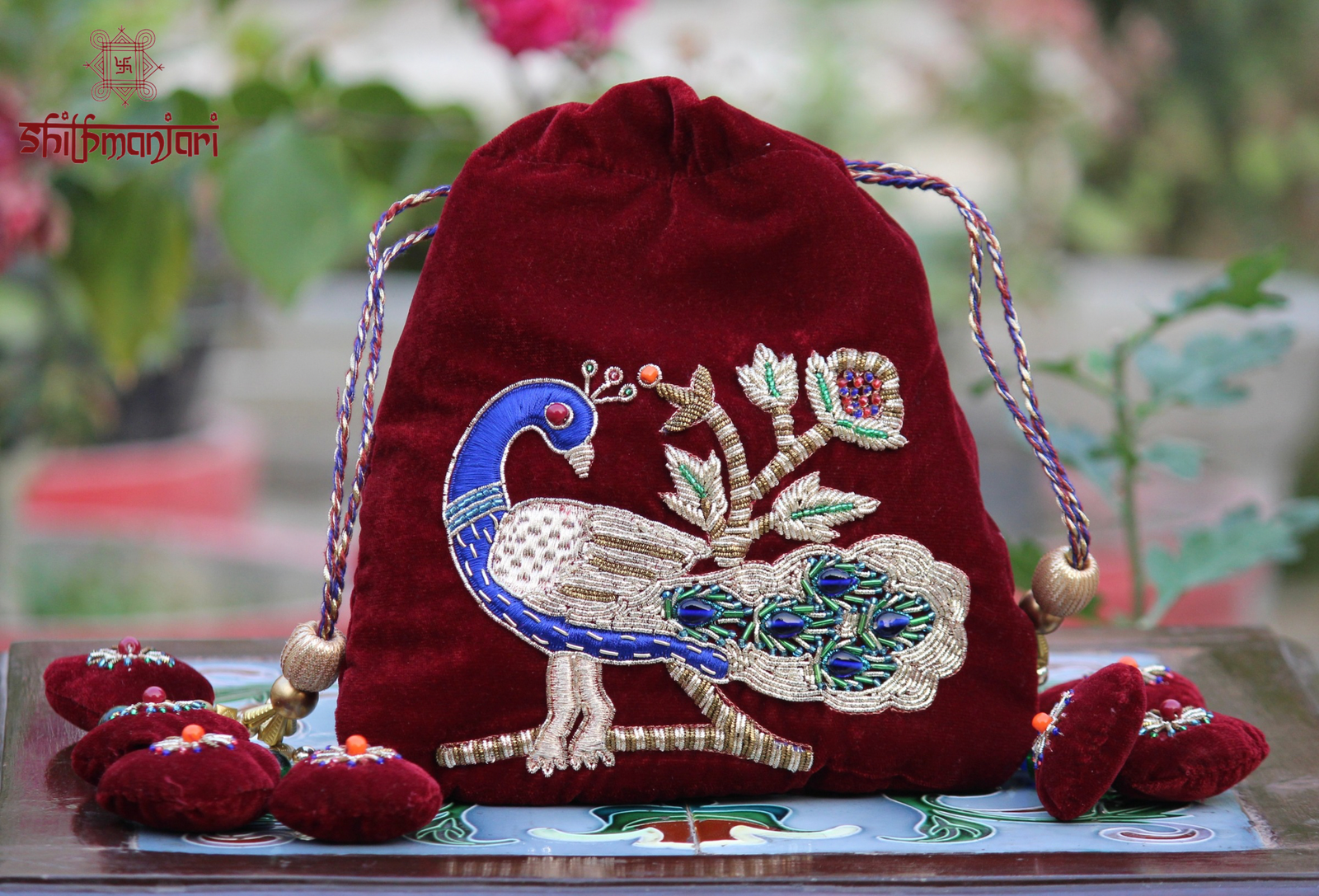 Royal Maroon Velvet Peacock Embroidered Potli Bag with Zari & Bead Work (Designer Ethnic Clutch)