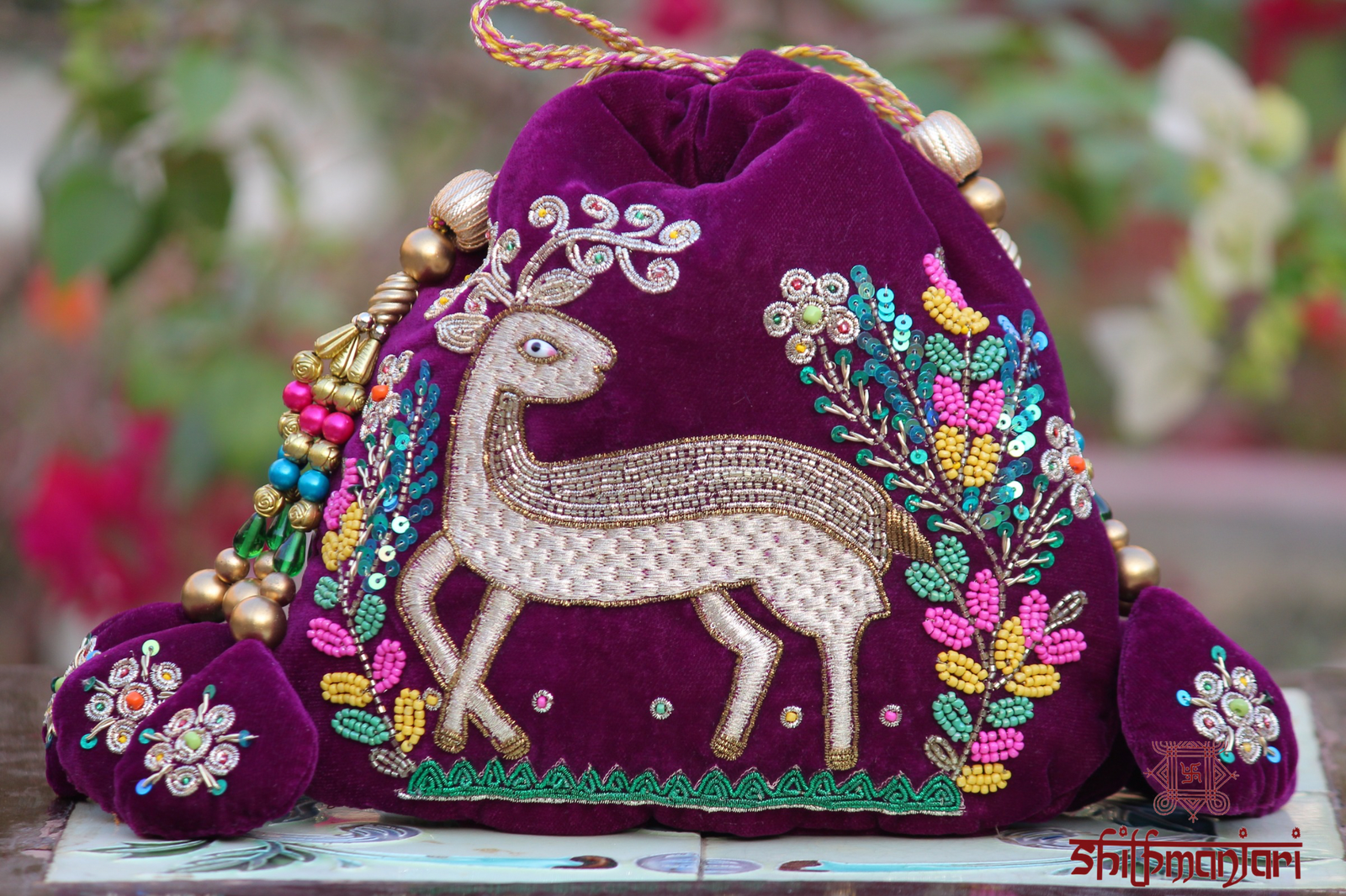 Luxury Velvet Deer Embroidered Potli Bag with Beads & Sequin Work (Handcrafted Designer Ethnic Clutch)