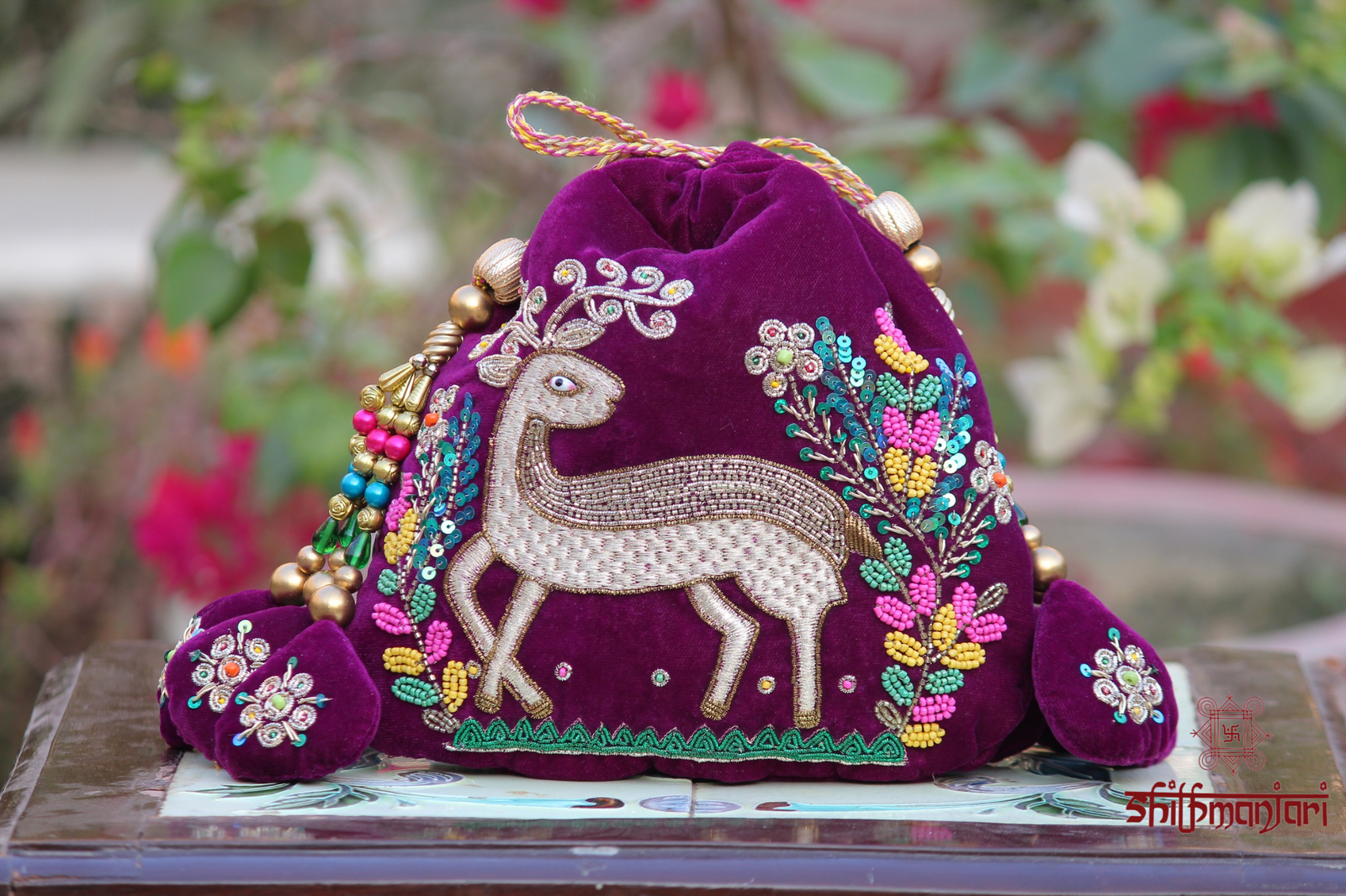 Luxury Velvet Deer Embroidered Potli Bag with Beads & Sequin Work (Handcrafted Designer Ethnic Clutch) - Image 3
