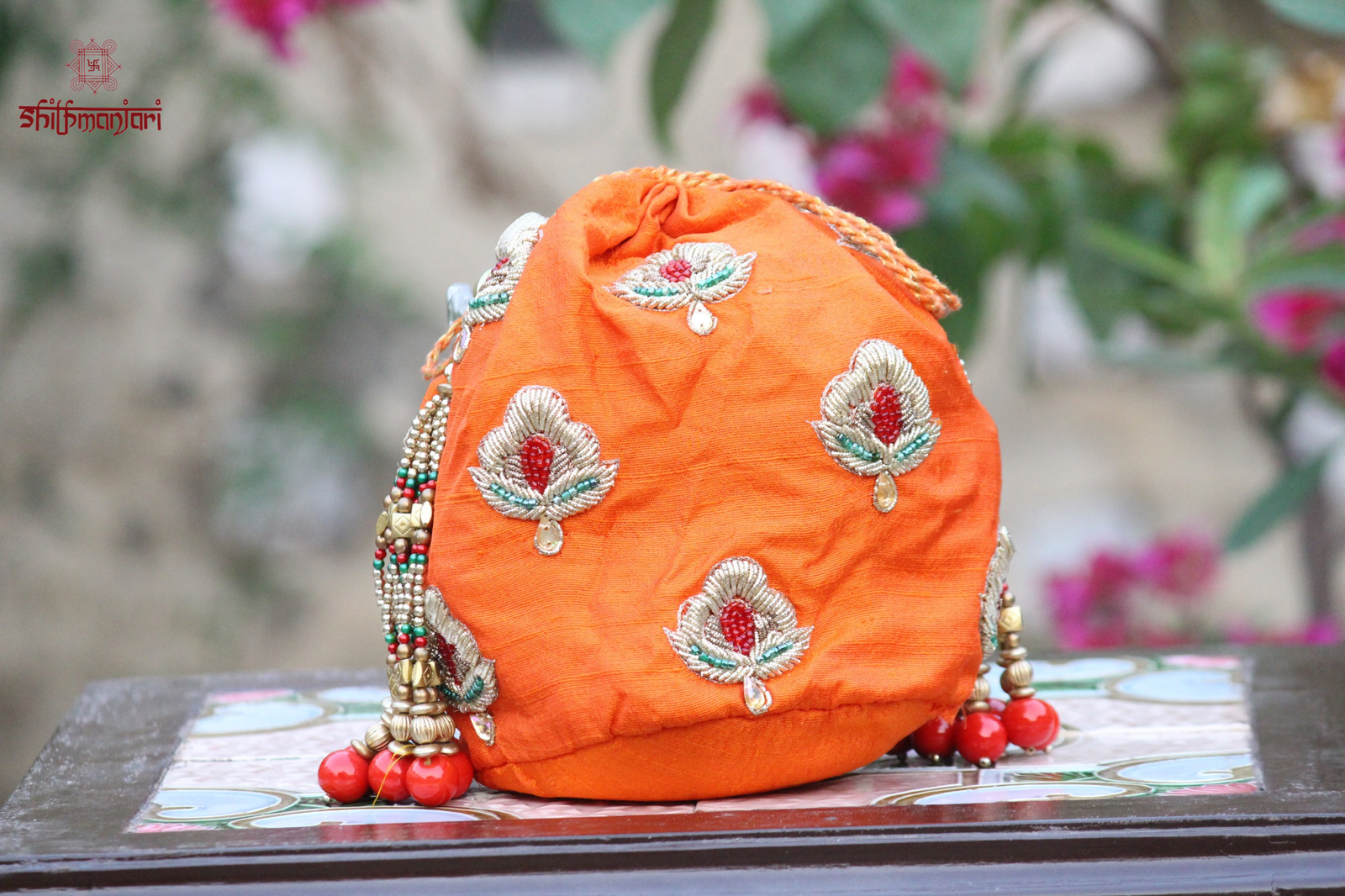 Regal Orange Silk Potli with Intricate Zari Bloom Embroidery (Luxury Ethnic Clutch)