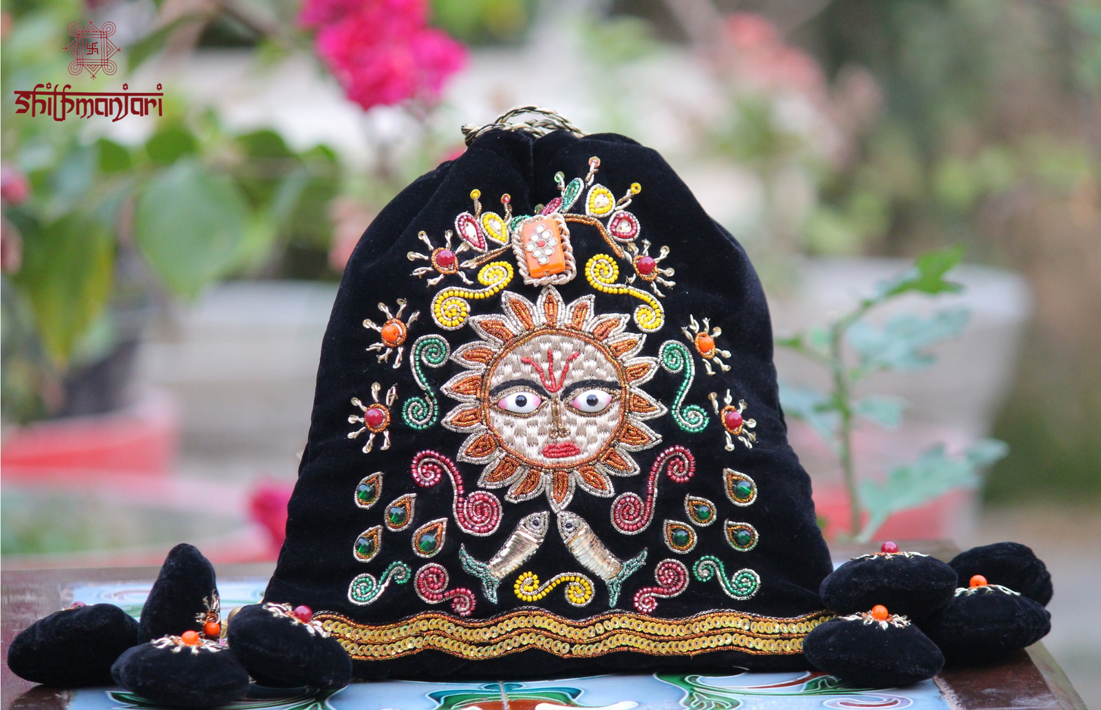 Surya Shakti Black Velvet Potli with Divine Sun Motif Embroidery (Luxury Ethnic Clutch)
