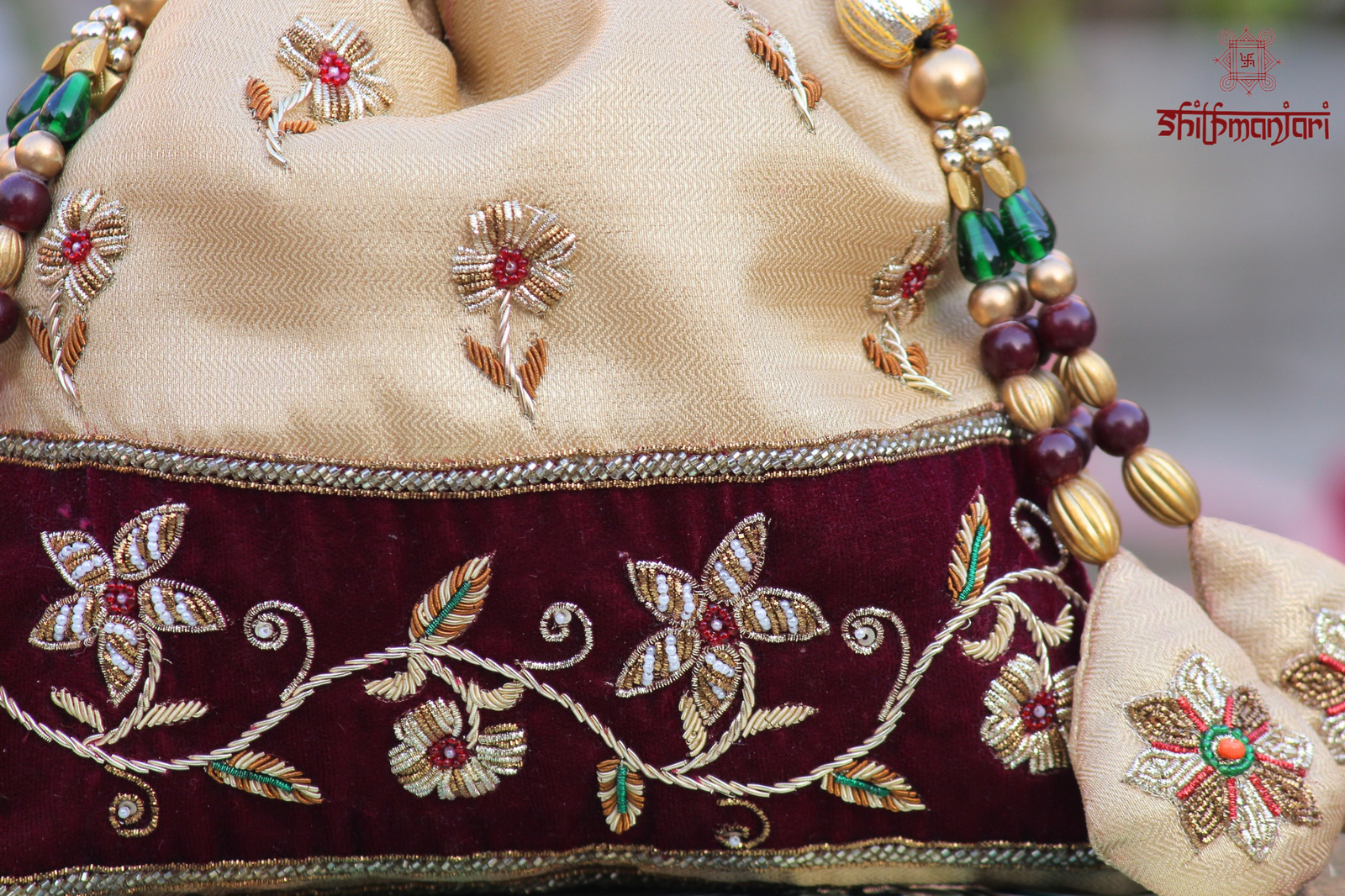 Royal Beige & Maroon Velvet Potli Bag with Intricate Zari Floral Embroidery & Multicolor Bead Tassel Detailing (Luxury Ethnic Clutch) - Image 3